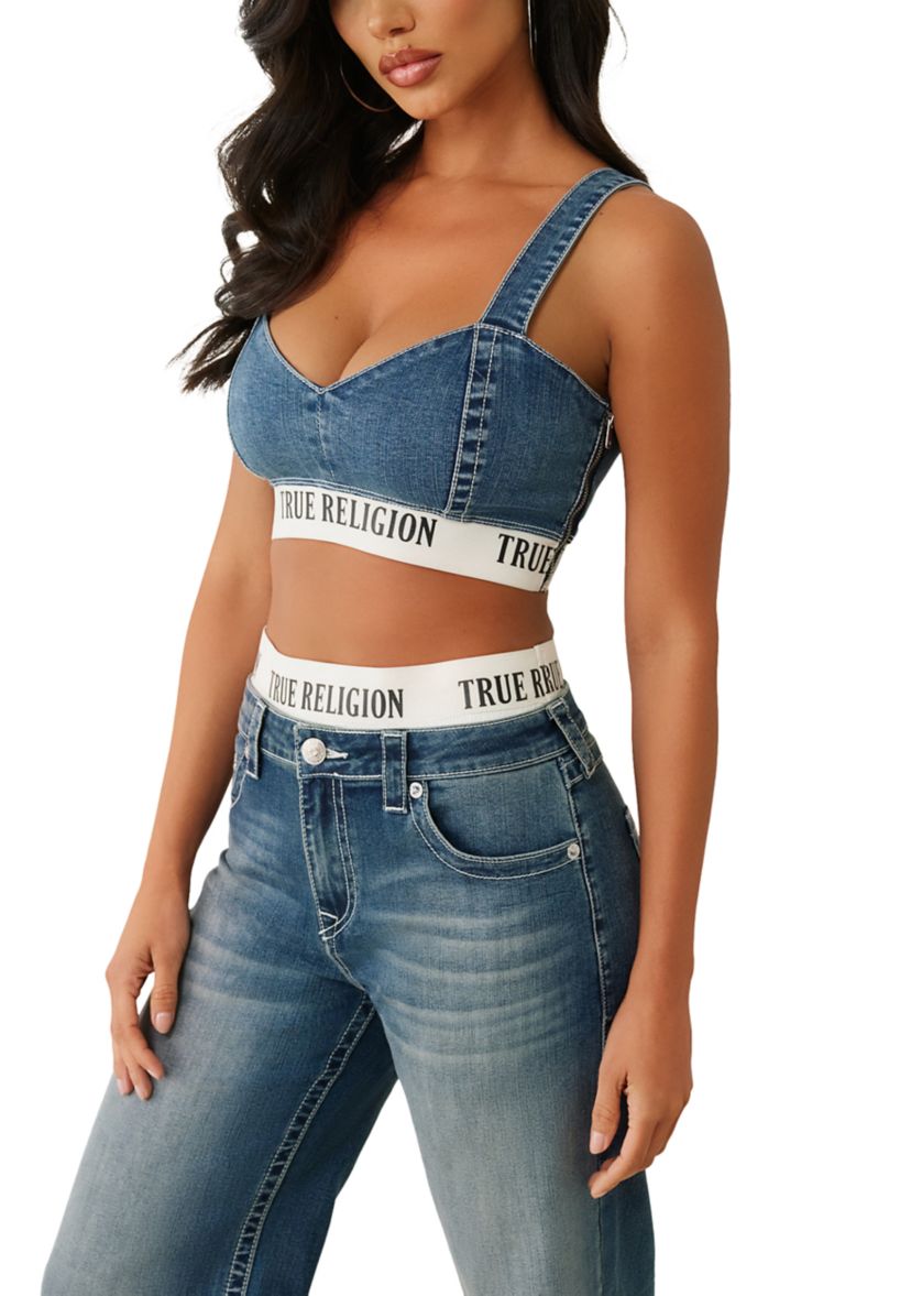 Womens Denim Bra Top with Logo Taping