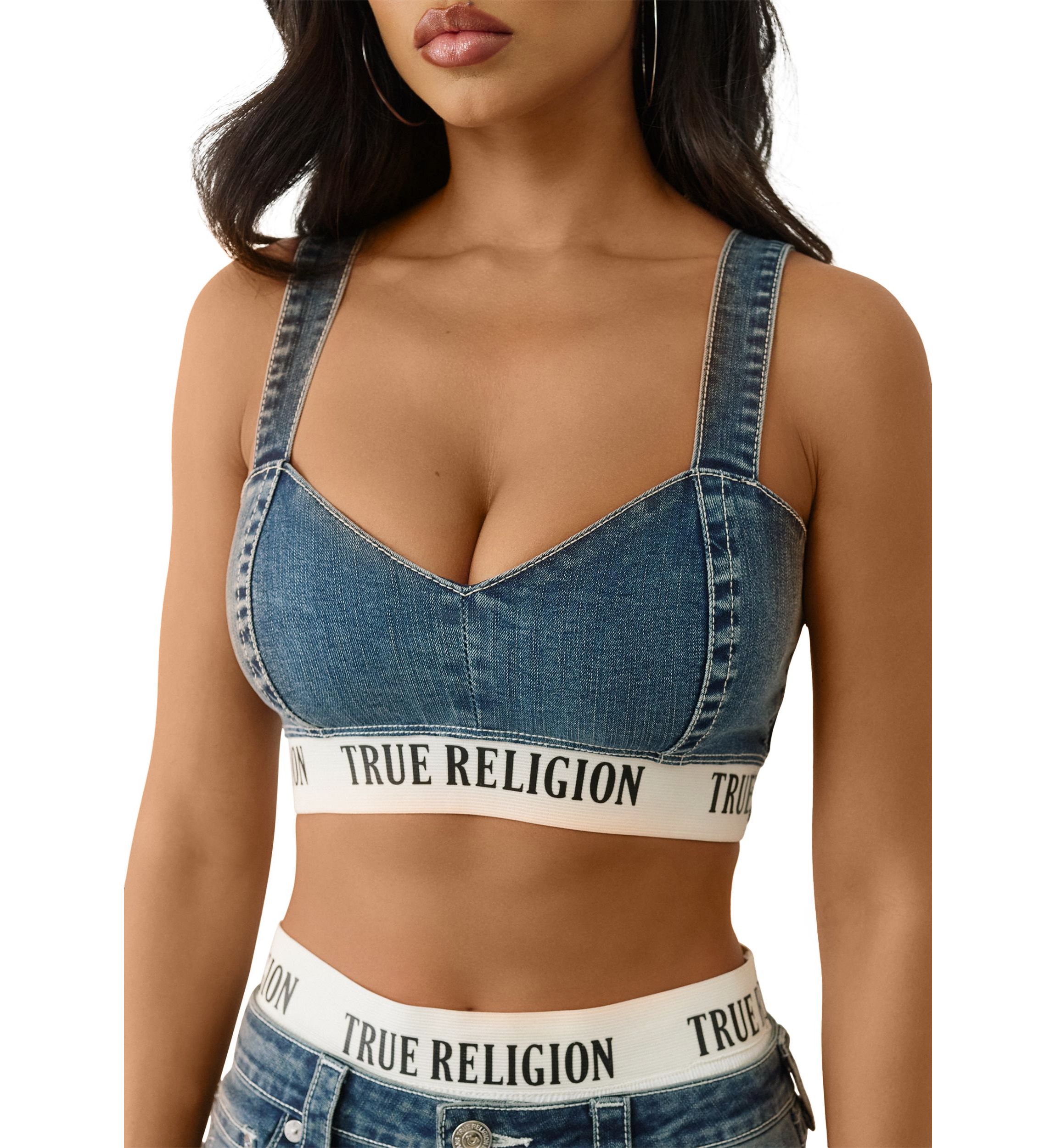 Womens Denim Bra Top with Logo Taping
