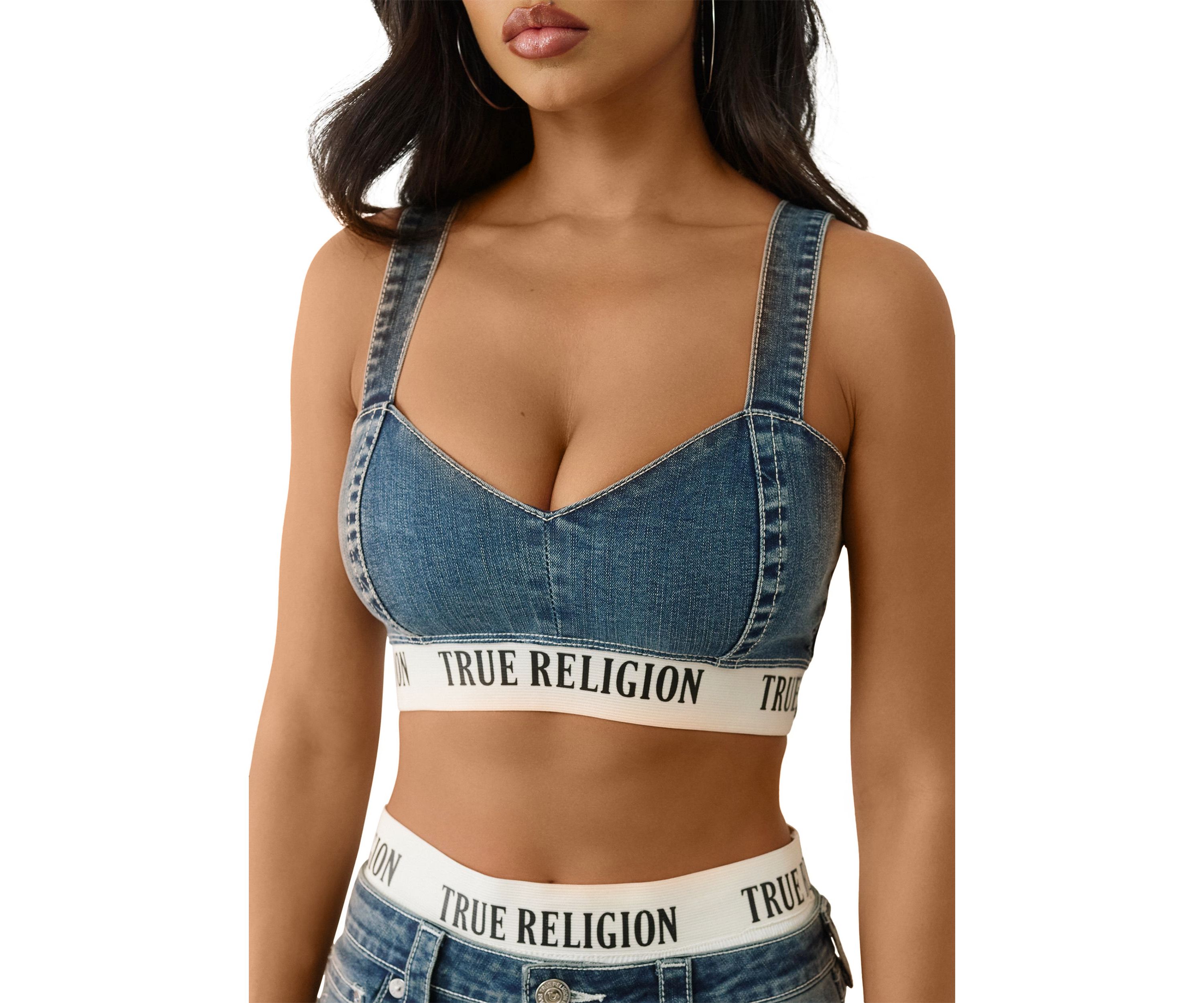 Womens Denim Bra Top with Logo Taping