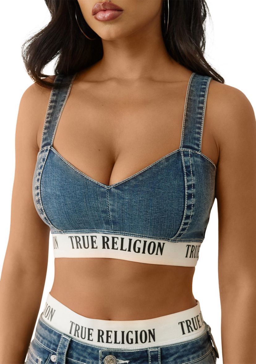 Womens Denim Bra Top with Logo Taping