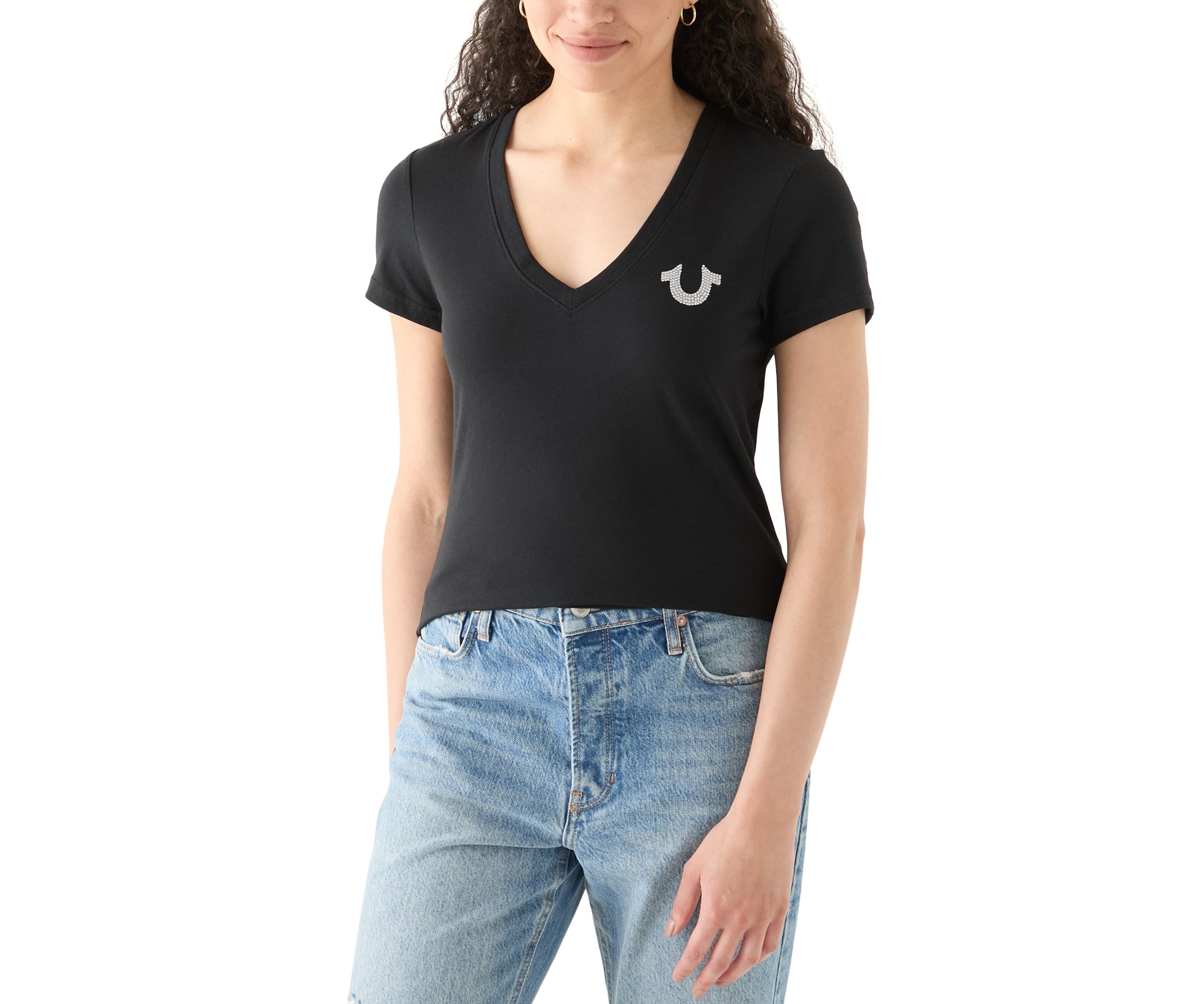 Womens Crystal Lips Logo Short Sleeve V-Neck T-Shirt