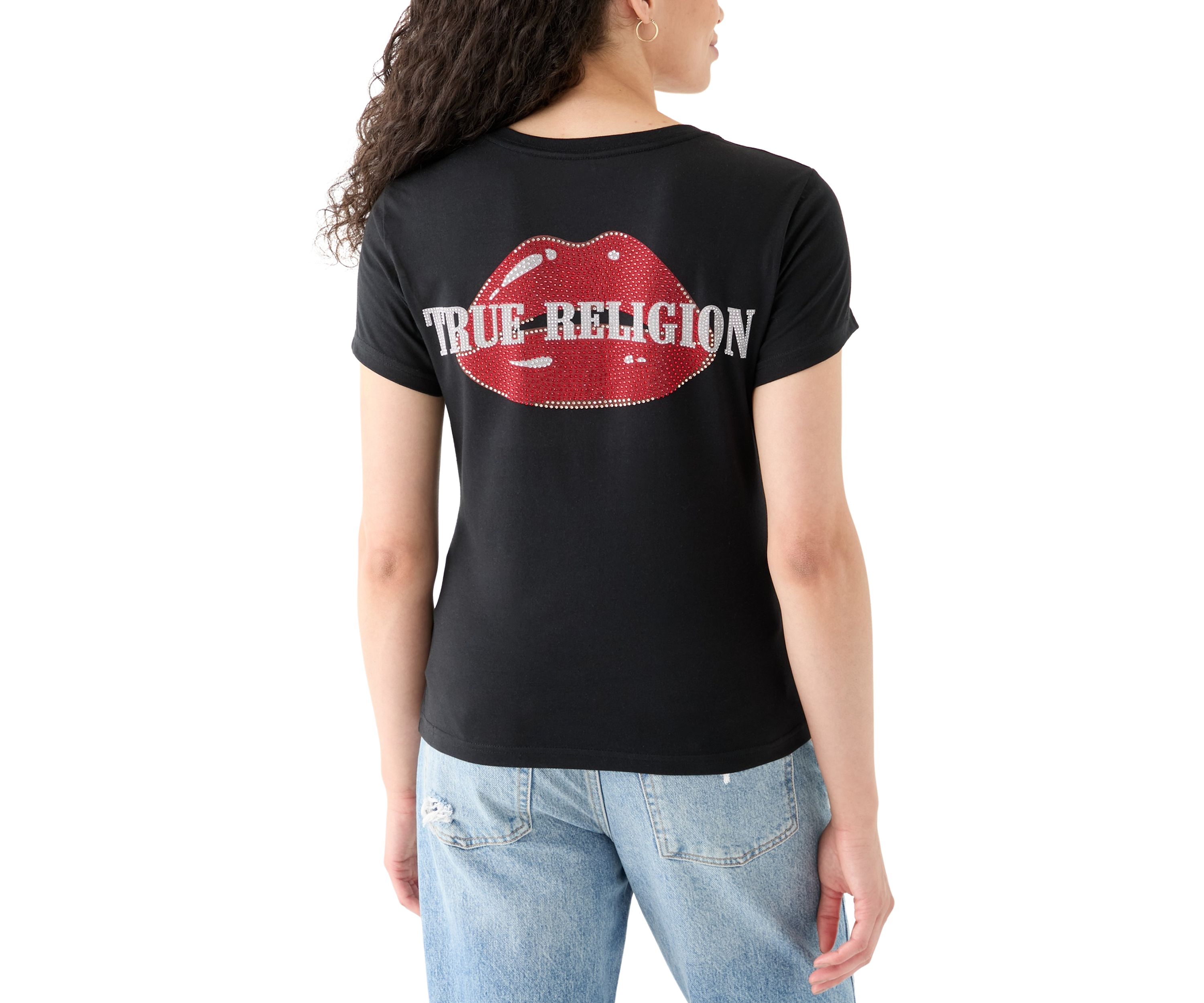 Womens Crystal Lips Logo Short Sleeve V-Neck T-Shirt