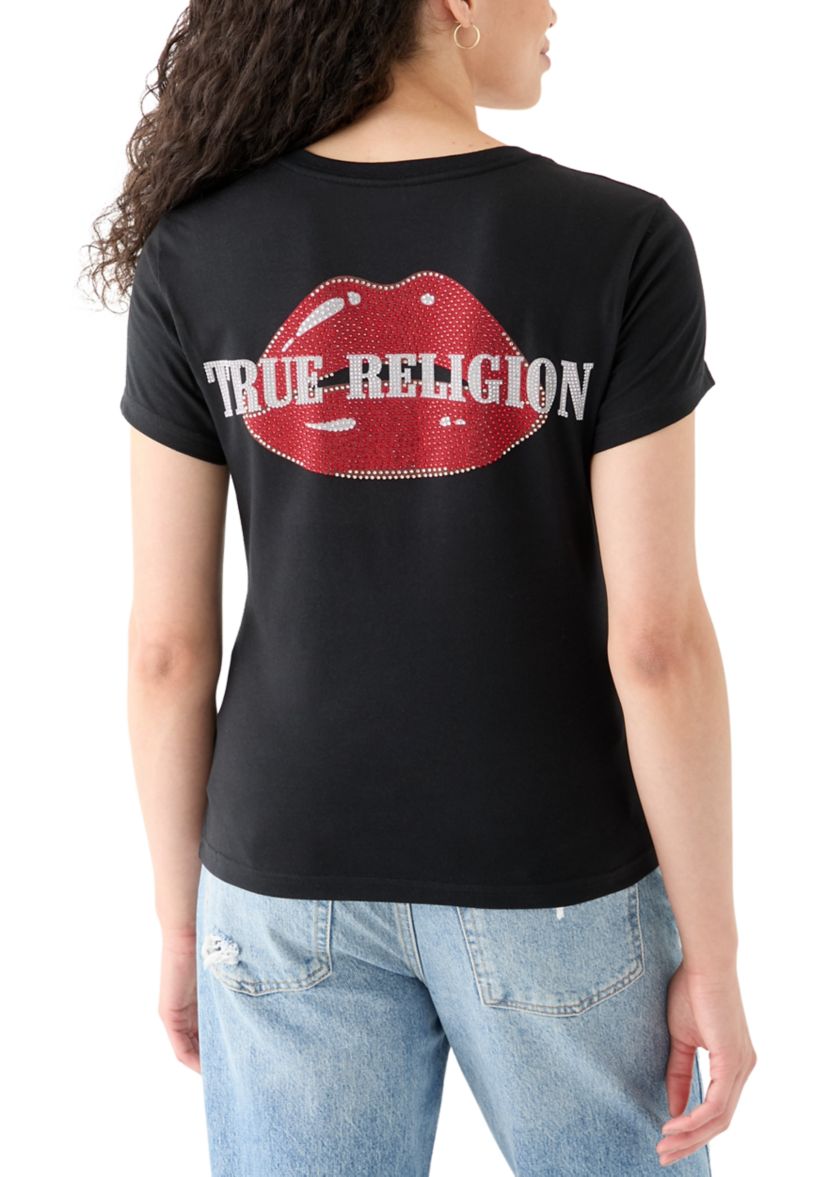 Womens Crystal Lips Logo Short Sleeve V-Neck T-Shirt