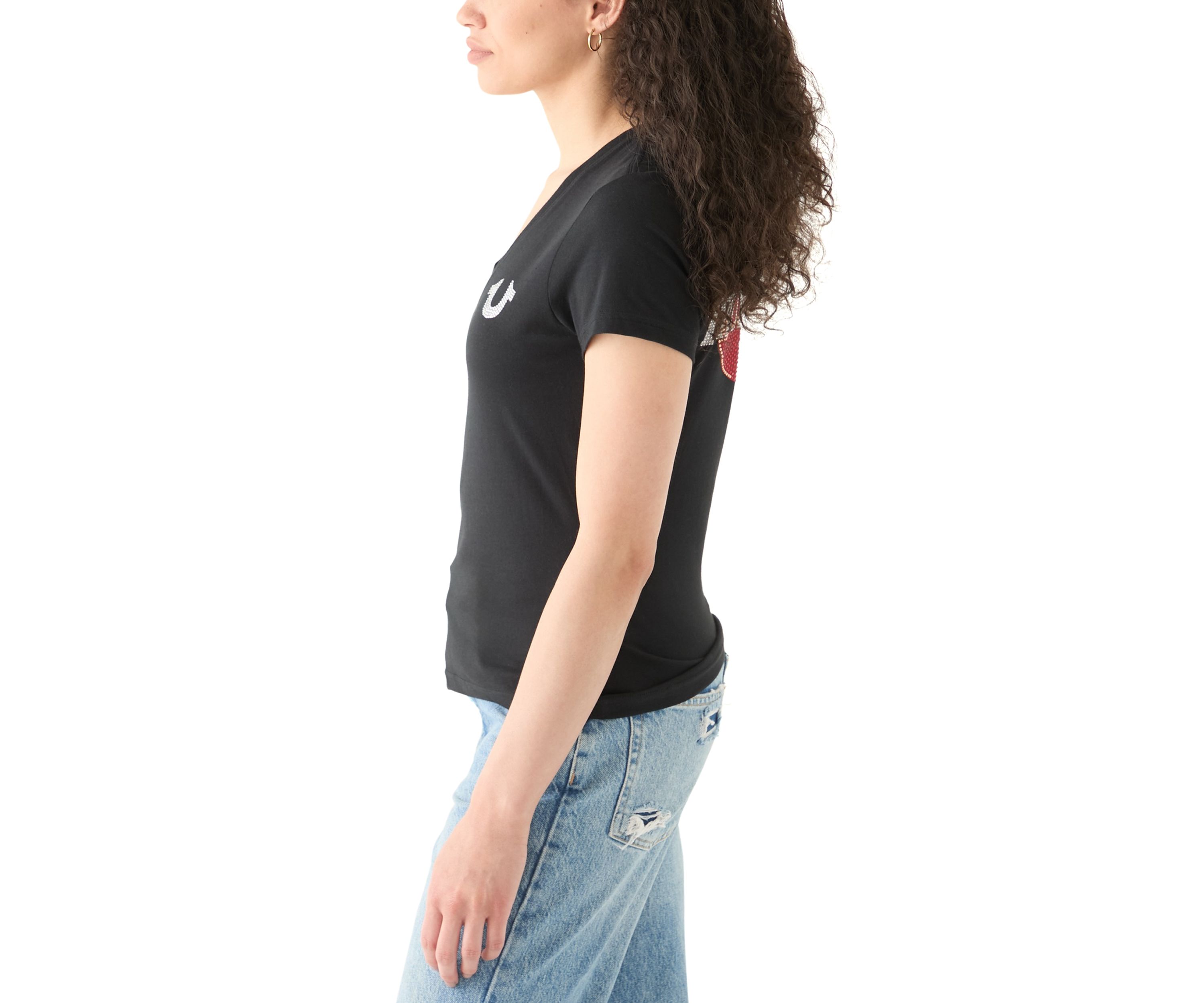 Womens Crystal Lips Logo Short Sleeve V-Neck T-Shirt