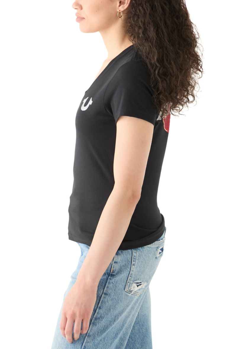 Womens Crystal Lips Logo Short Sleeve V-Neck T-Shirt
