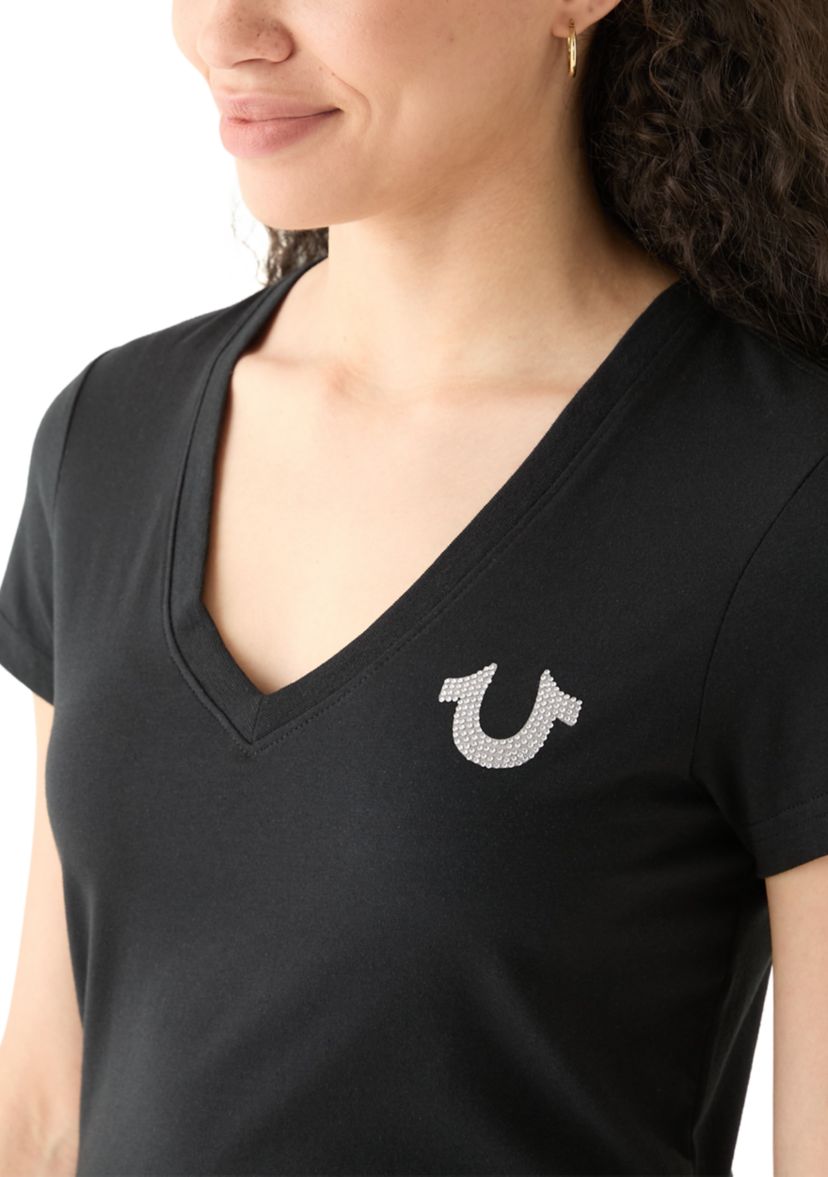 Womens Crystal Lips Logo Short Sleeve V-Neck T-Shirt