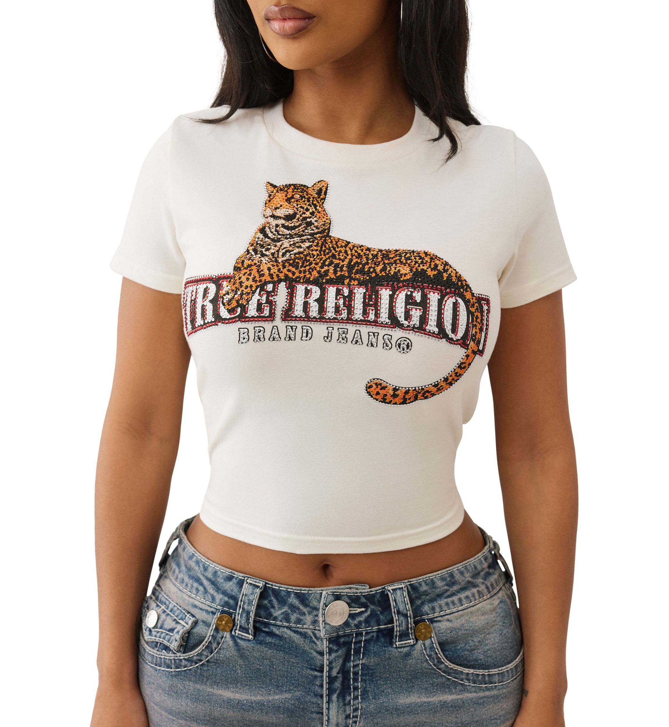 Womens Crystal Leopard Baby Tee