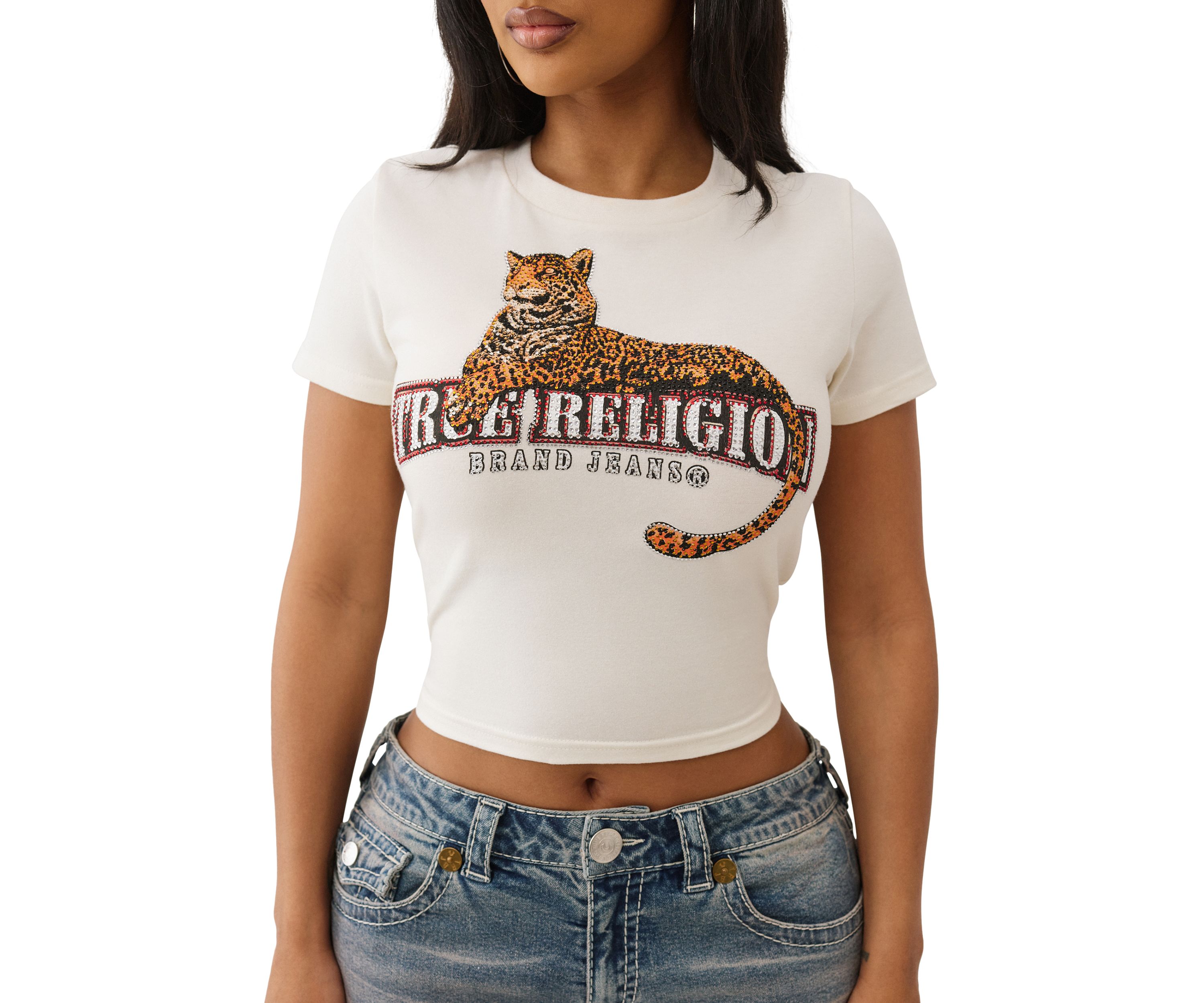 Womens Crystal Leopard Baby Tee