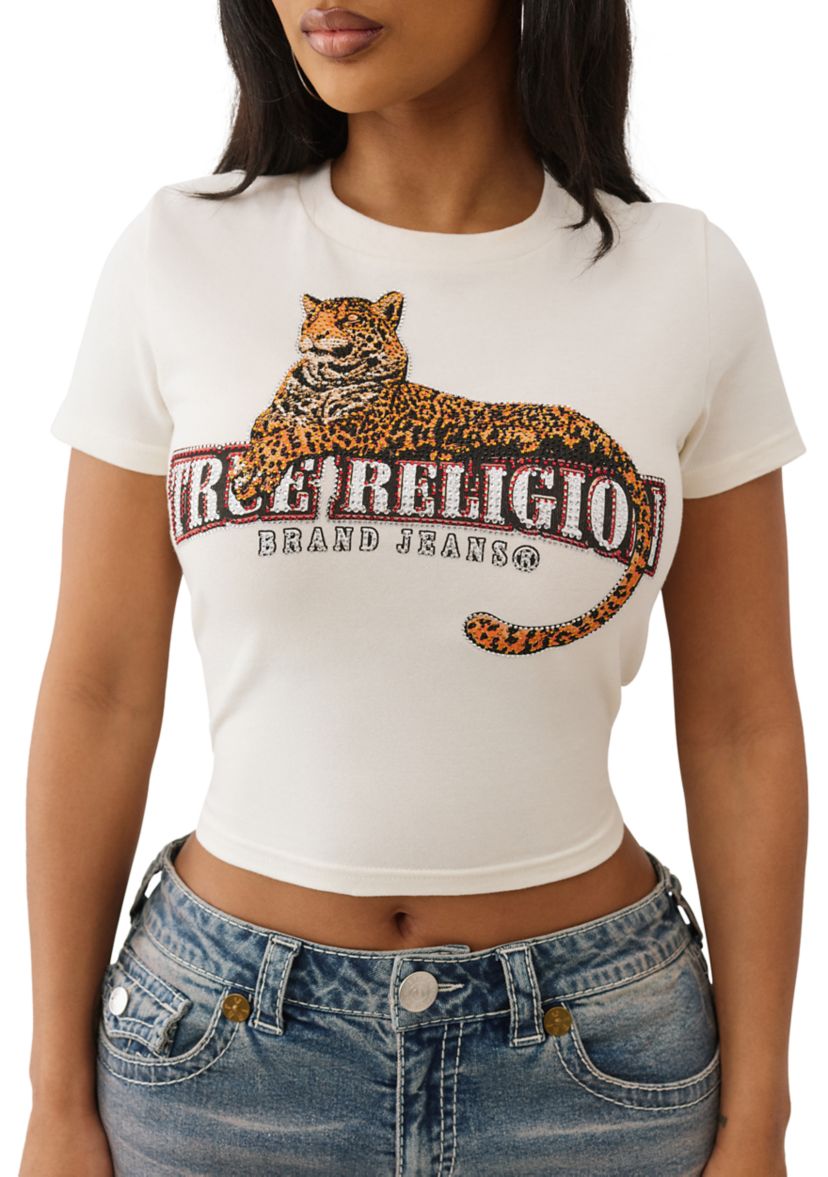 Womens Crystal Leopard Baby Tee