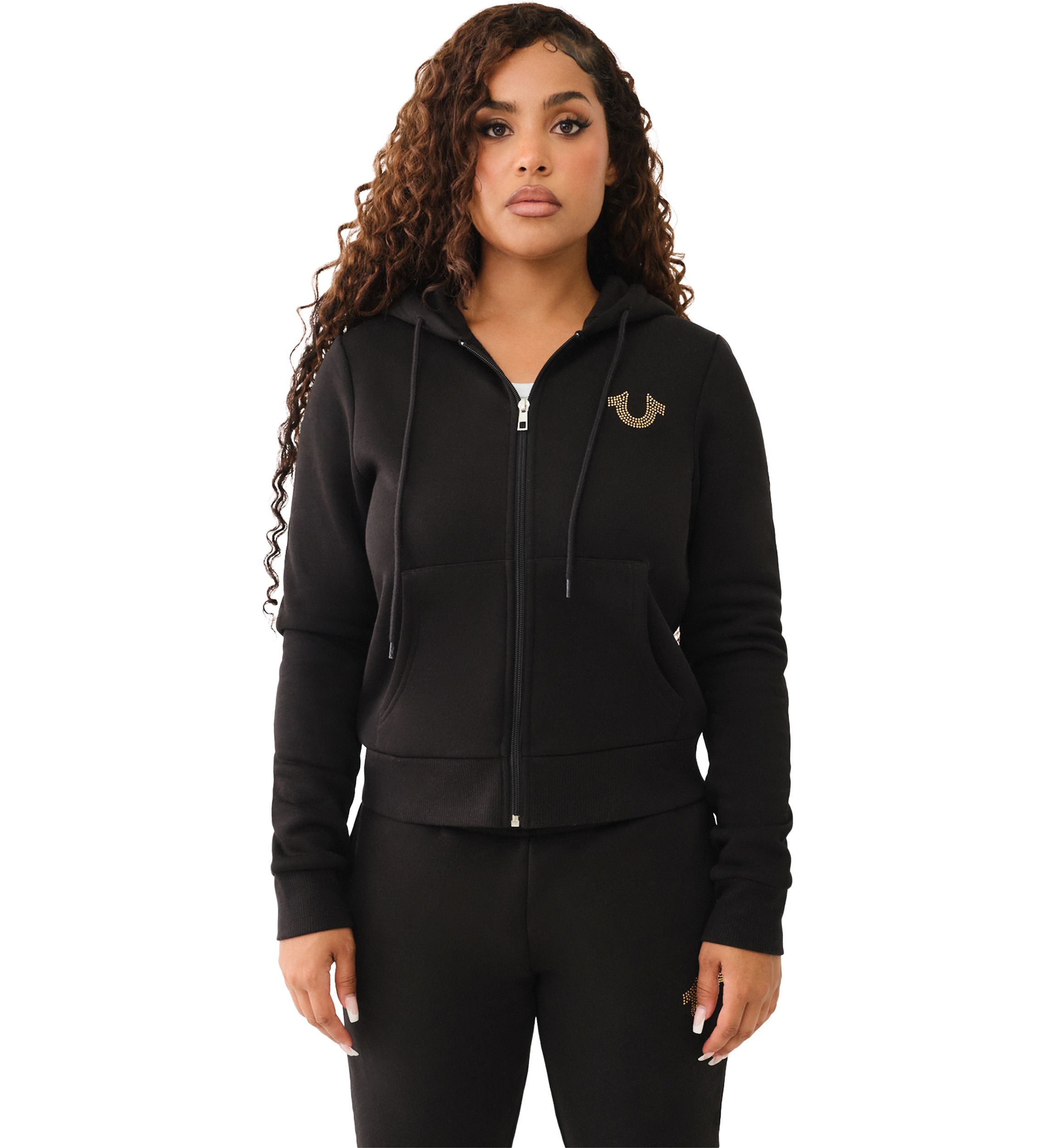 Womens Crystal Metallic Logo Long Sleeve Zip Hoodie