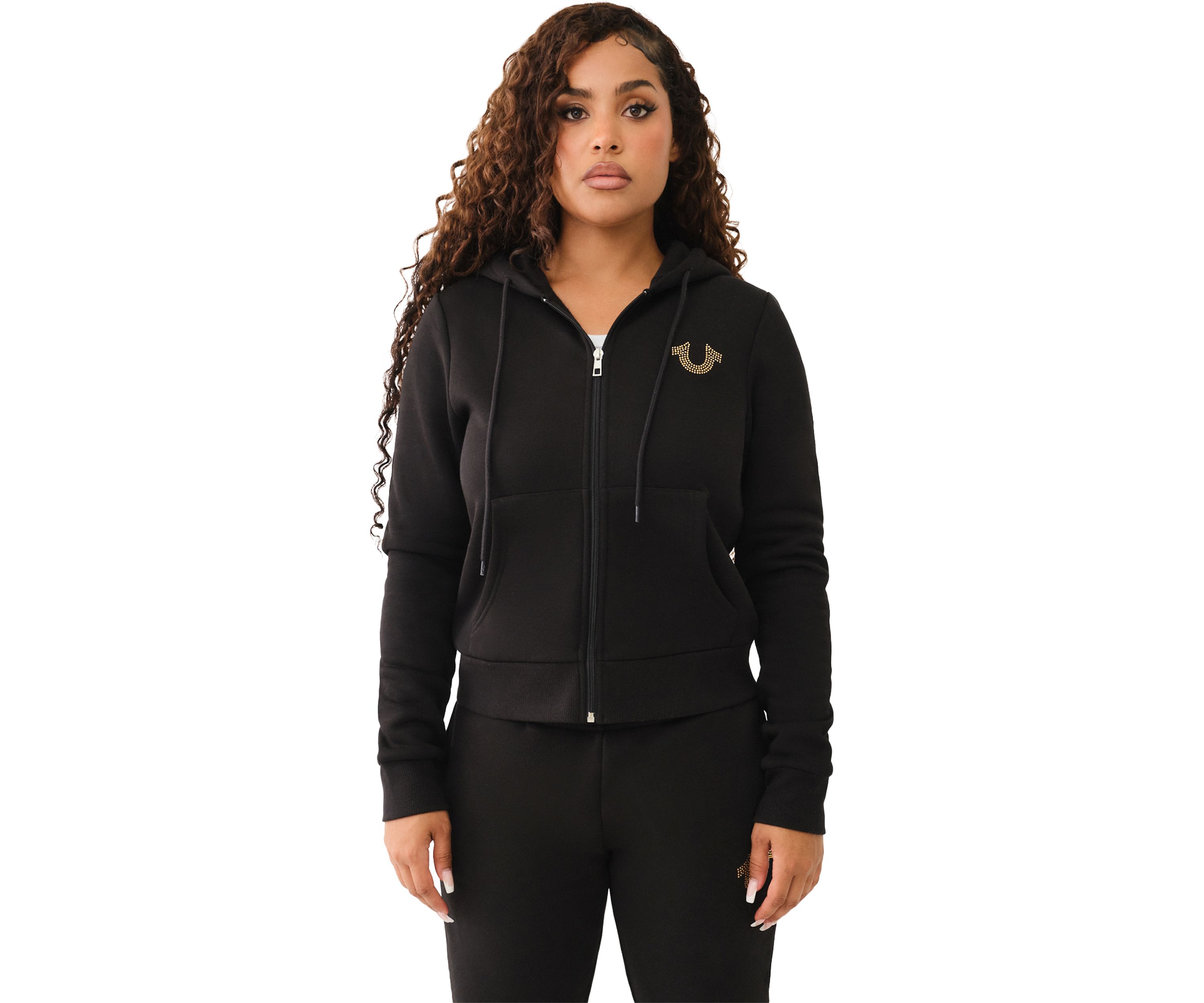True Religion Women's Crystal Metallic Logo Long Sleeve Zip Hoodie | Belk