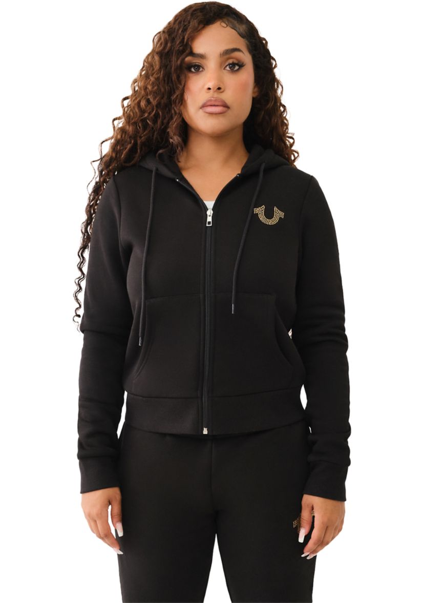 Womens Crystal Metallic Logo Long Sleeve Zip Hoodie