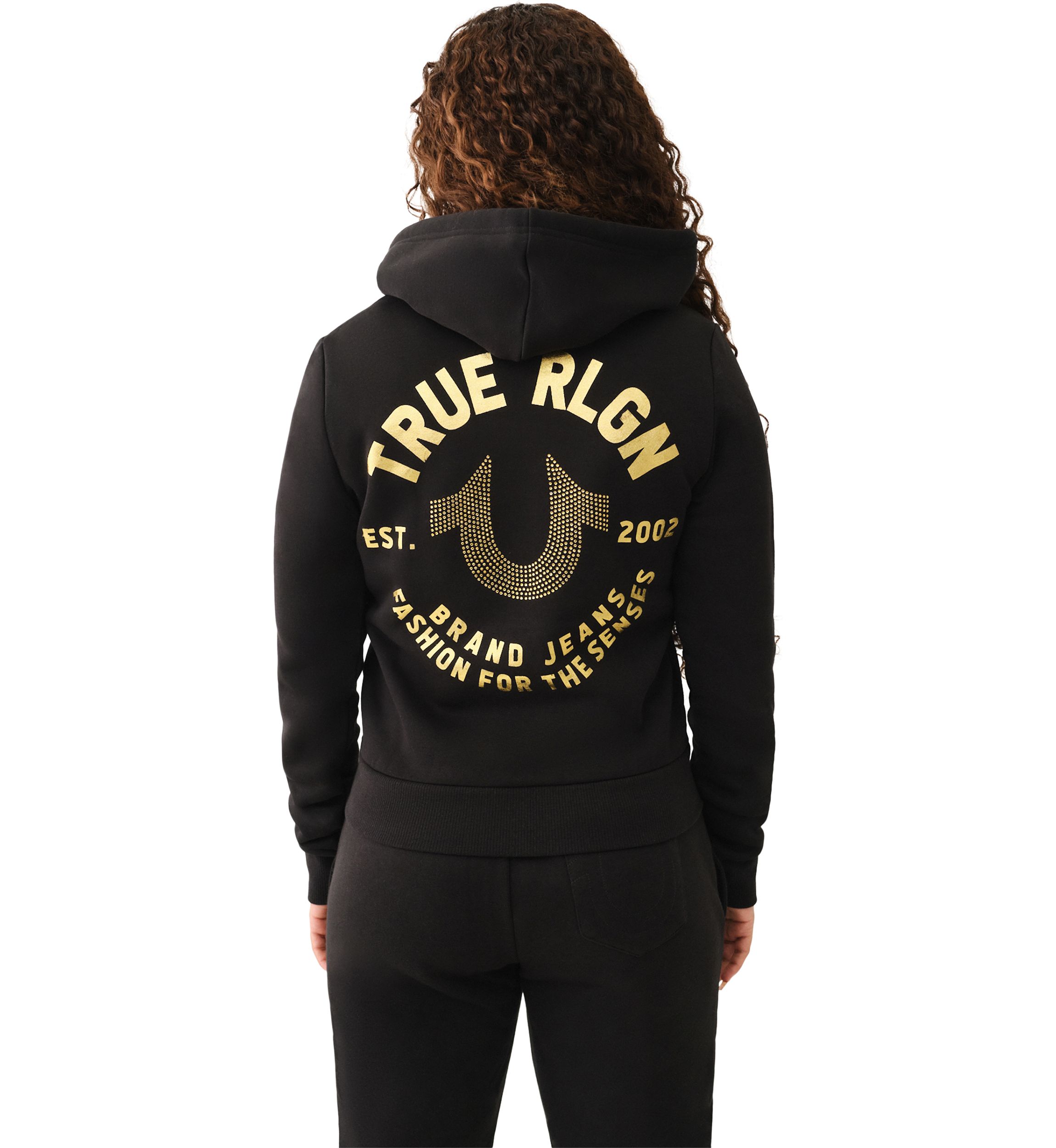 Womens Crystal Metallic Logo Long Sleeve Zip Hoodie