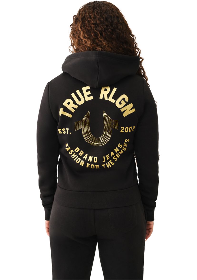 Womens Crystal Metallic Logo Long Sleeve Zip Hoodie