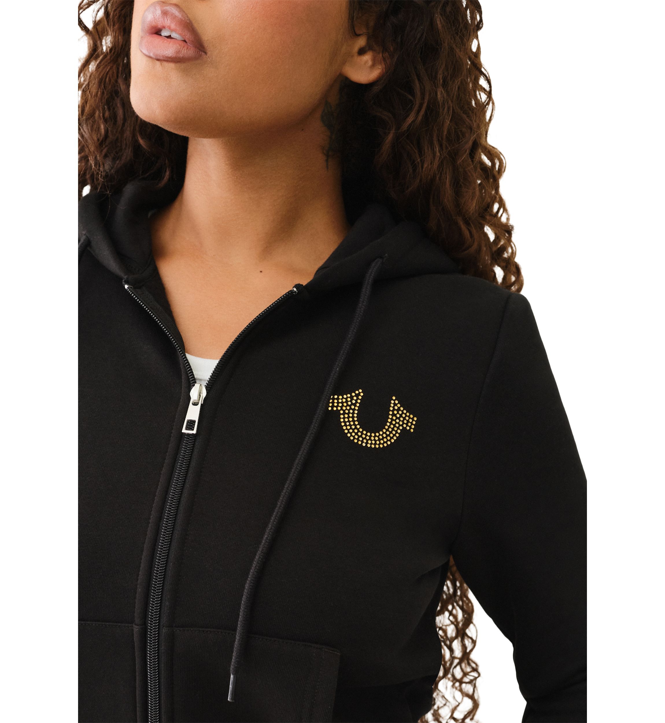 Womens Crystal Metallic Logo Long Sleeve Zip Hoodie