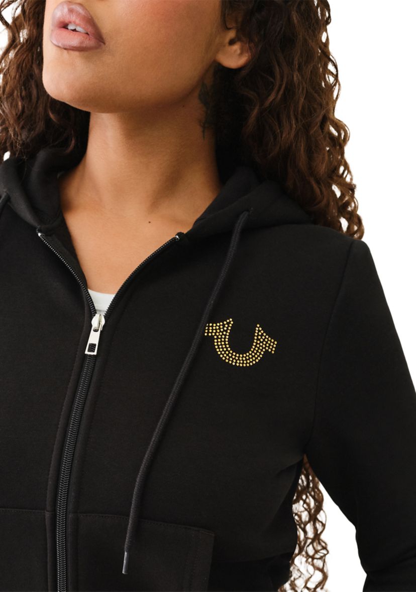 Womens Crystal Metallic Logo Long Sleeve Zip Hoodie