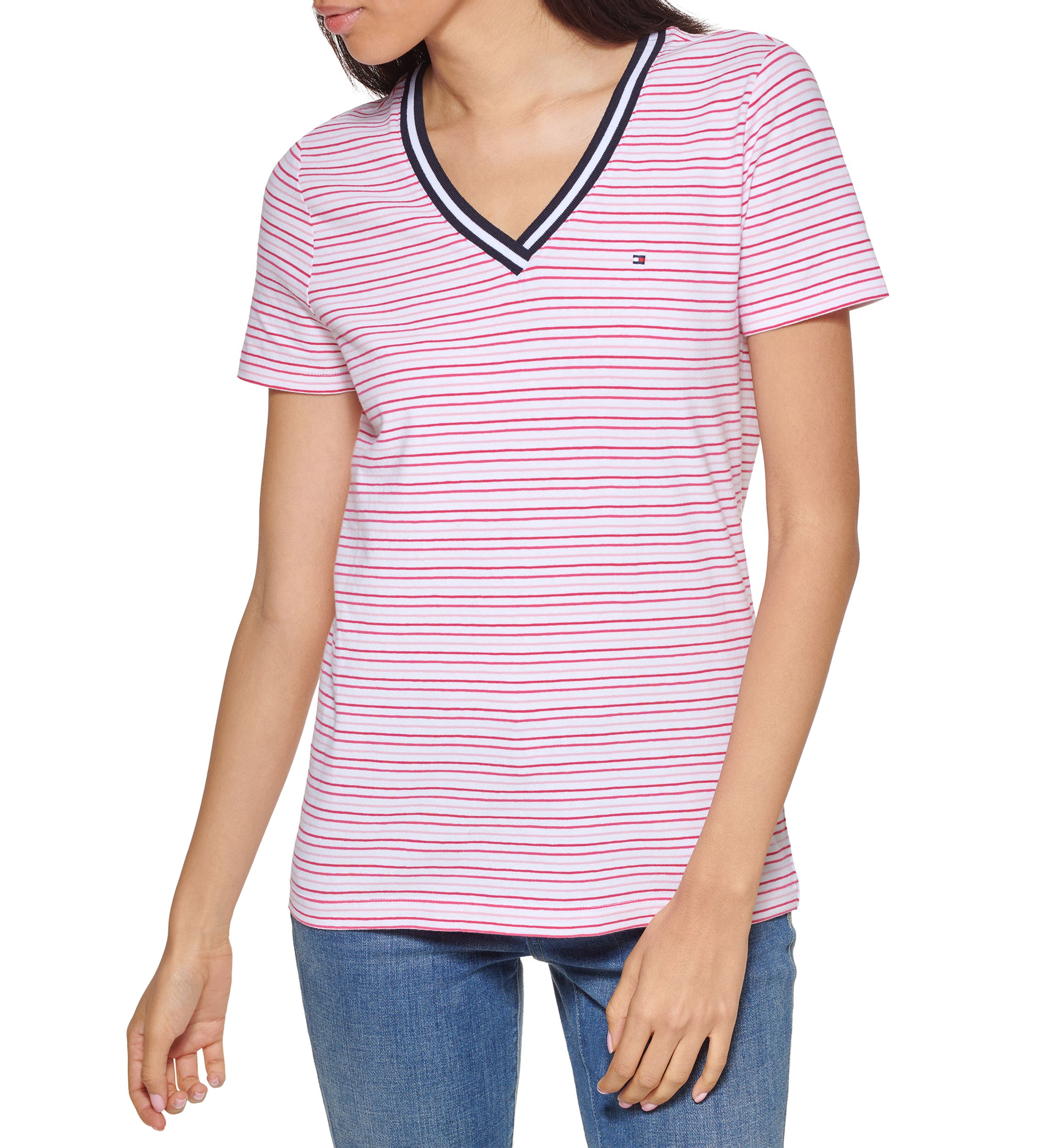 Womens Short Sleeve Striped V-Neck T-Shirt