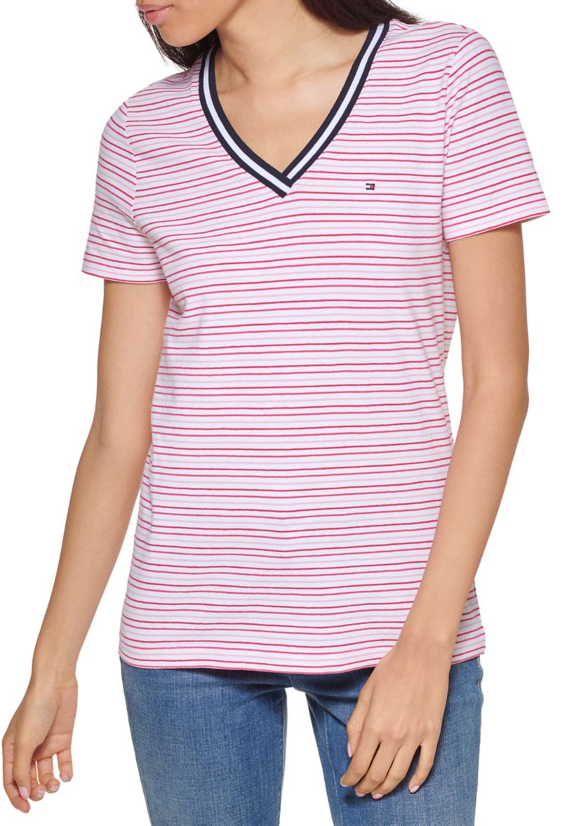 Womens Short Sleeve Striped V-Neck T-Shirt