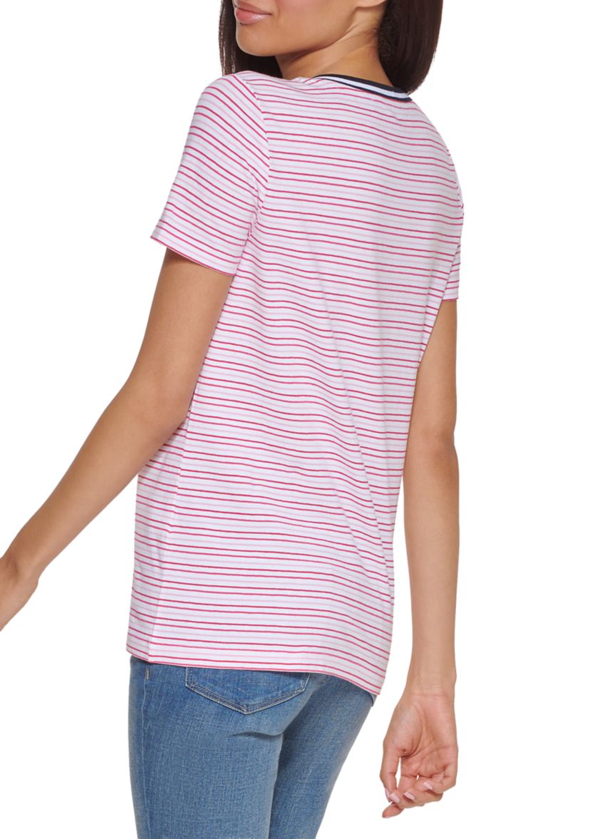 Womens Short Sleeve Striped V-Neck T-Shirt