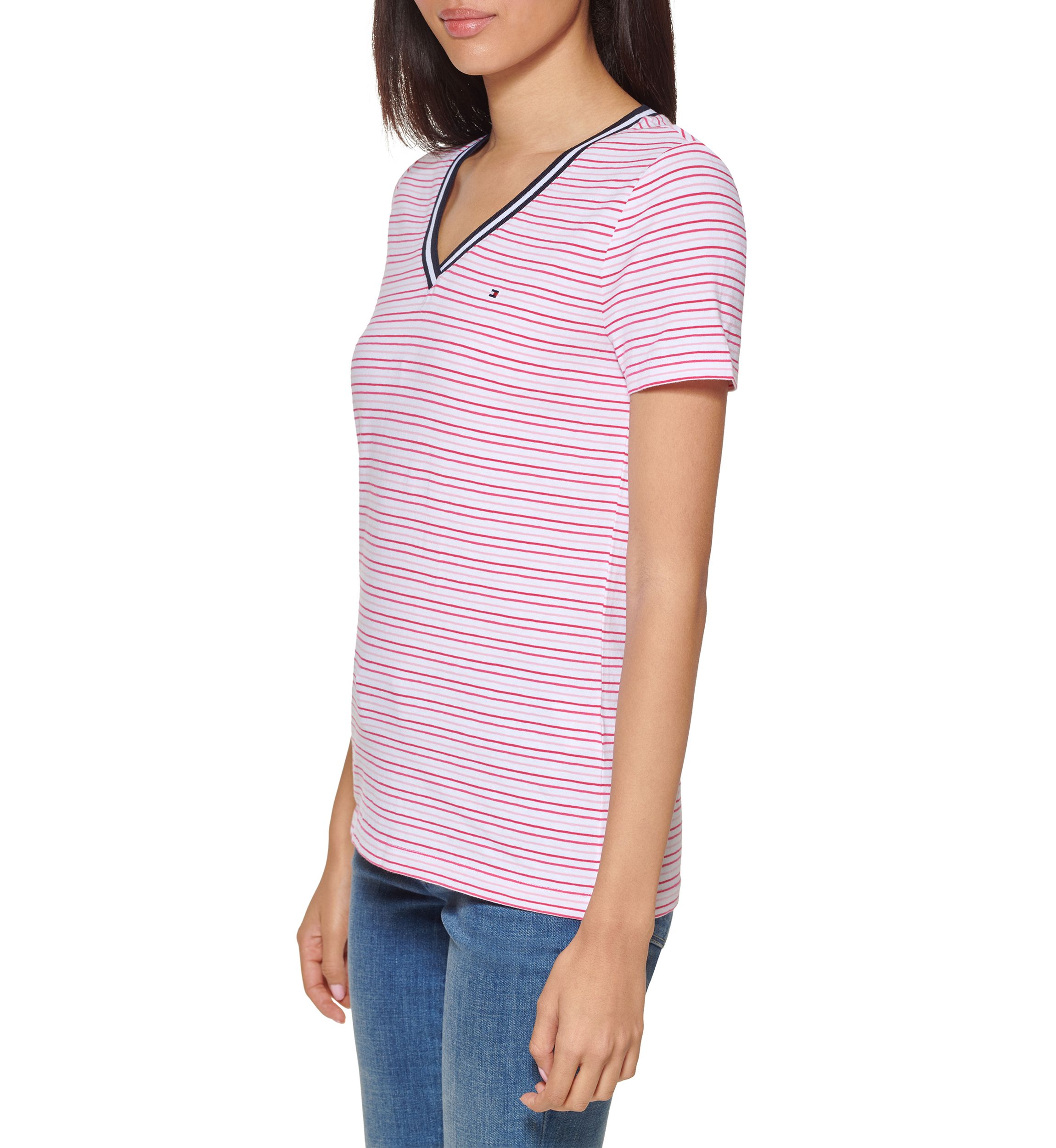 Womens Short Sleeve Striped V-Neck T-Shirt