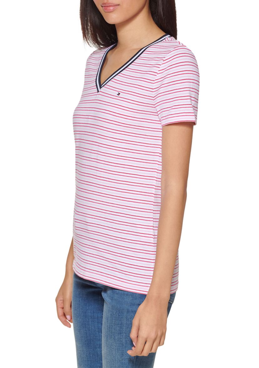 Womens Short Sleeve Striped V-Neck T-Shirt