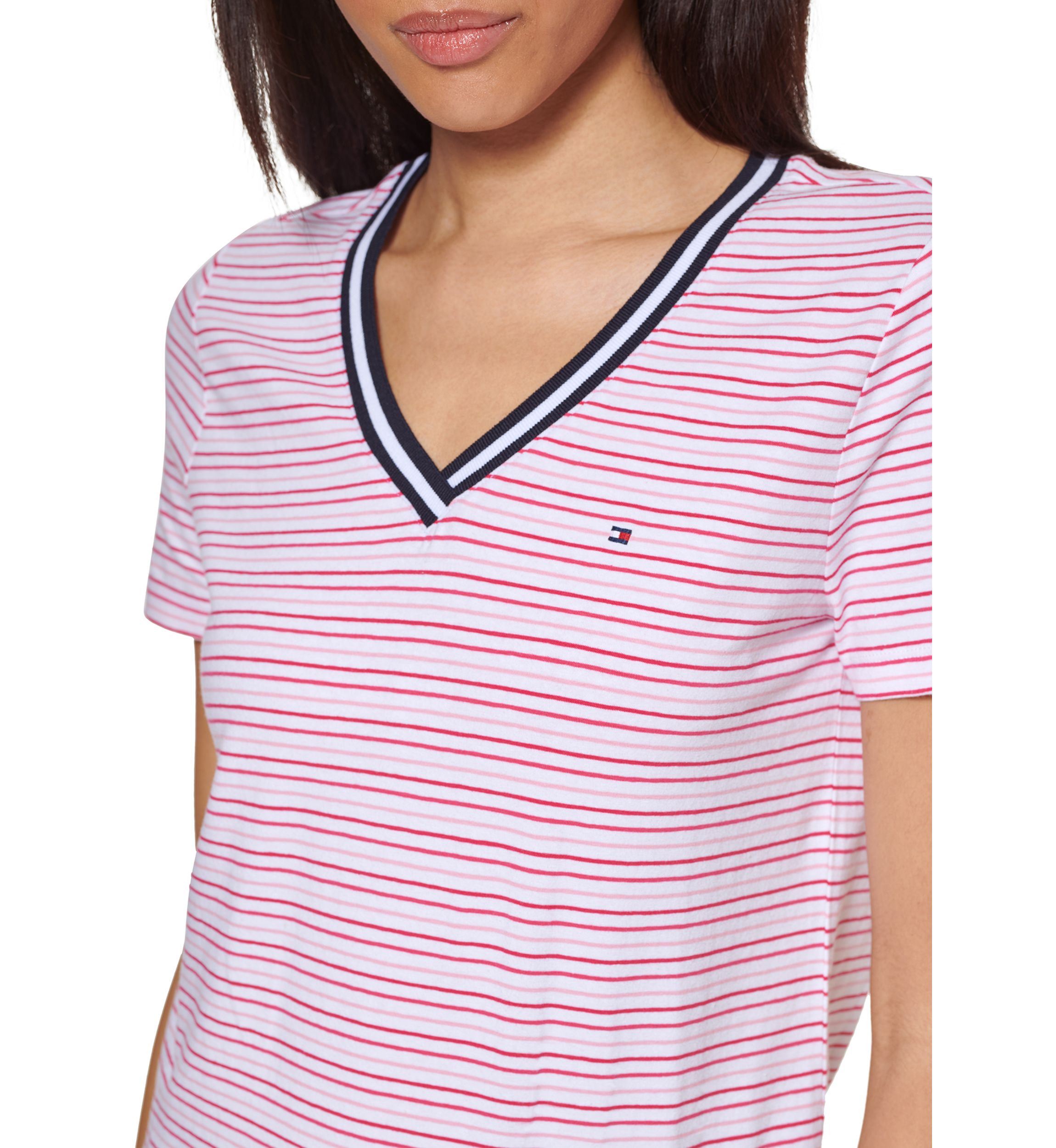 Womens Short Sleeve Striped V-Neck T-Shirt