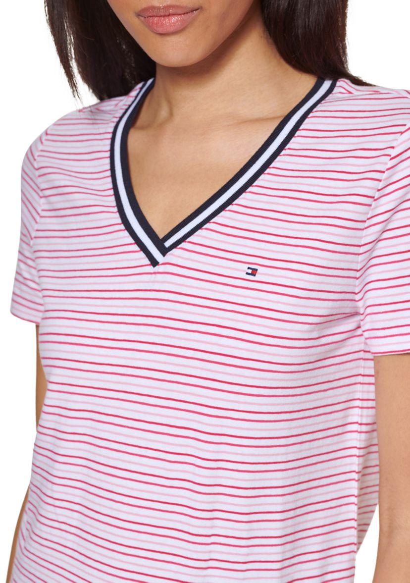 Womens Short Sleeve Striped V-Neck T-Shirt