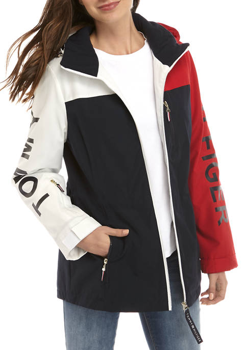 JACKET SMALL SIZE NWT TOMMY HILFIGER WOMEN'S WHITE WITH LOGO LONG WINDBREAKER 