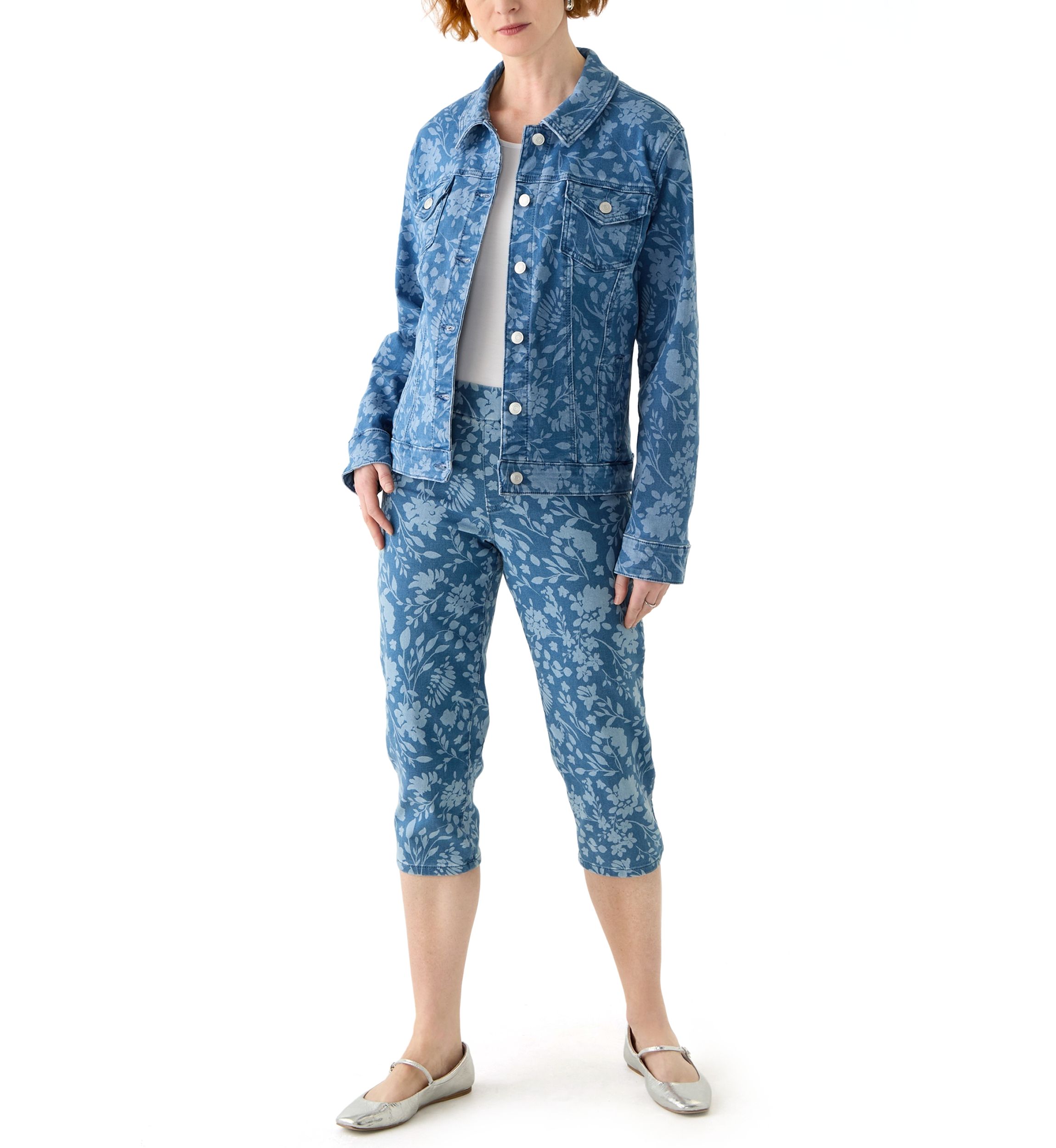 Womens Bicolor Floral Capri Jeans