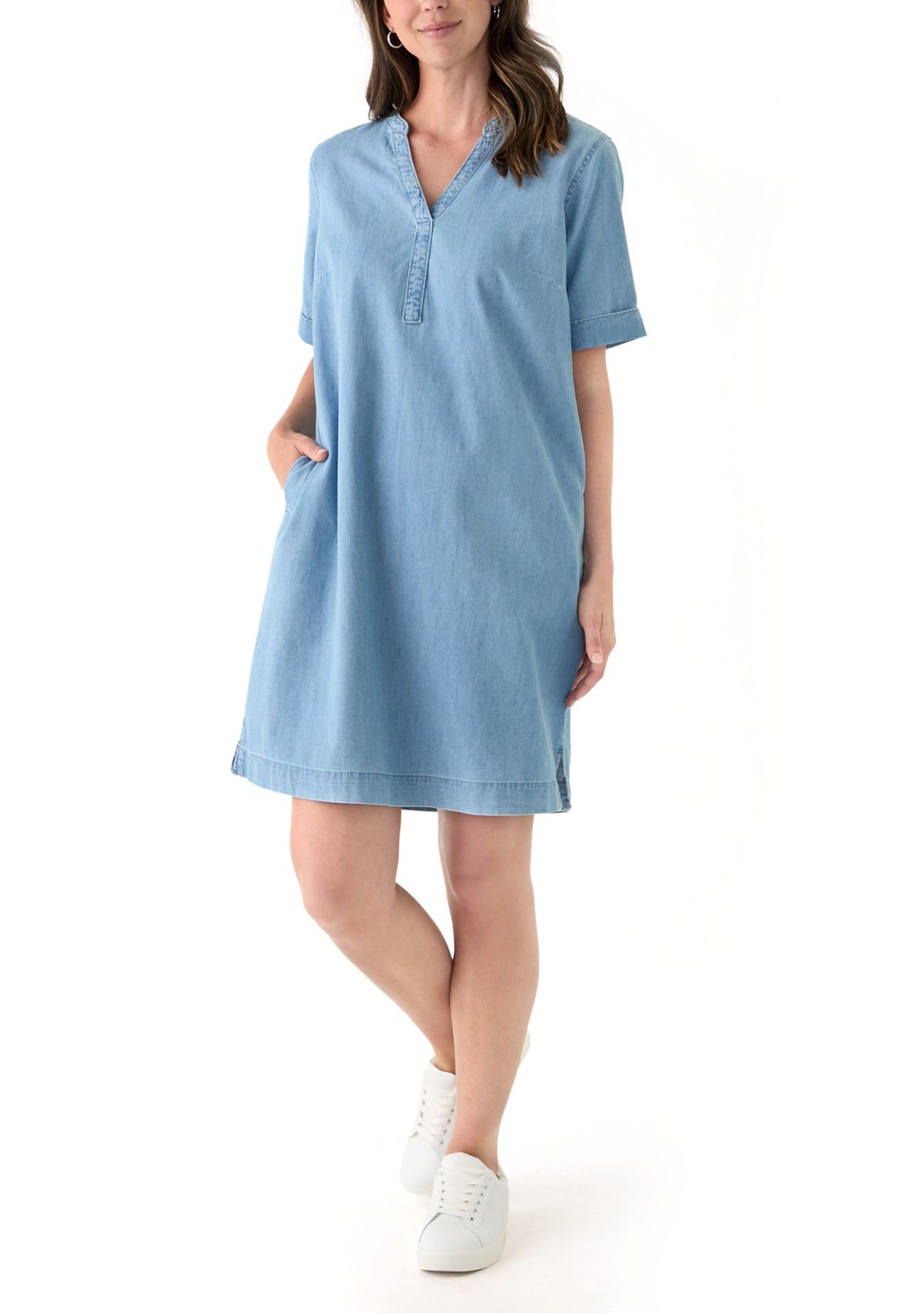 Womens Short Sleeve Mandarin Collar Denim Shift Dress