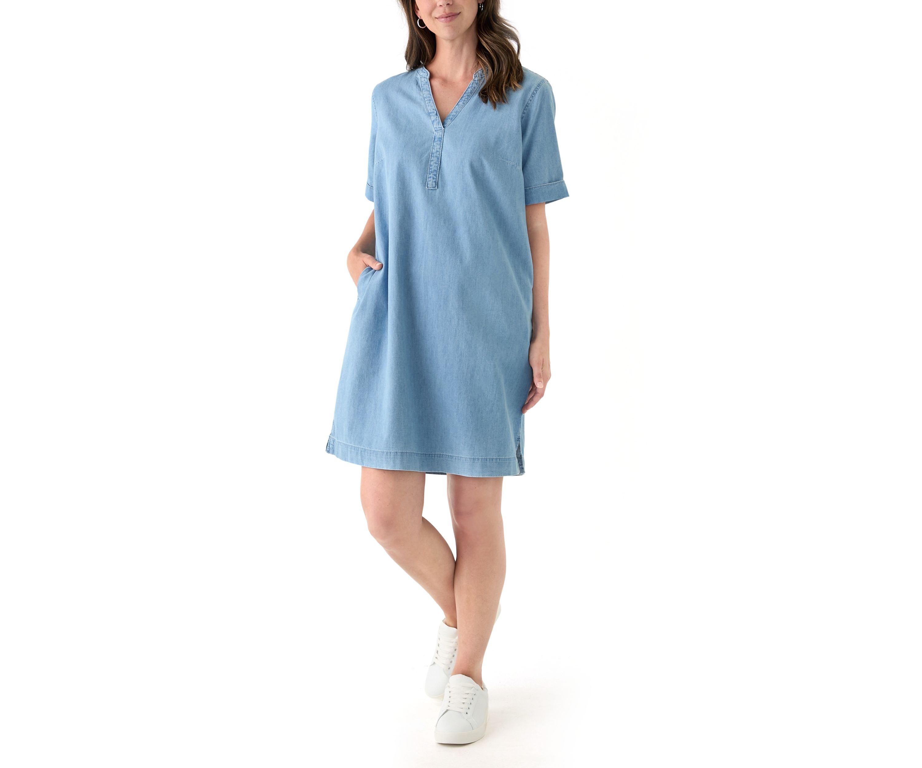Womens Short Sleeve Mandarin Collar Denim Shift Dress
