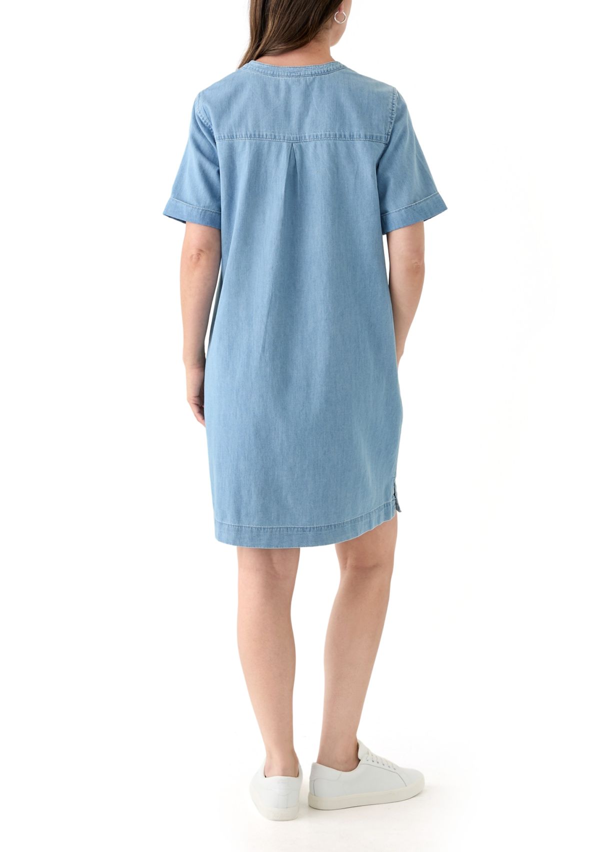 Womens Short Sleeve Mandarin Collar Denim Shift Dress