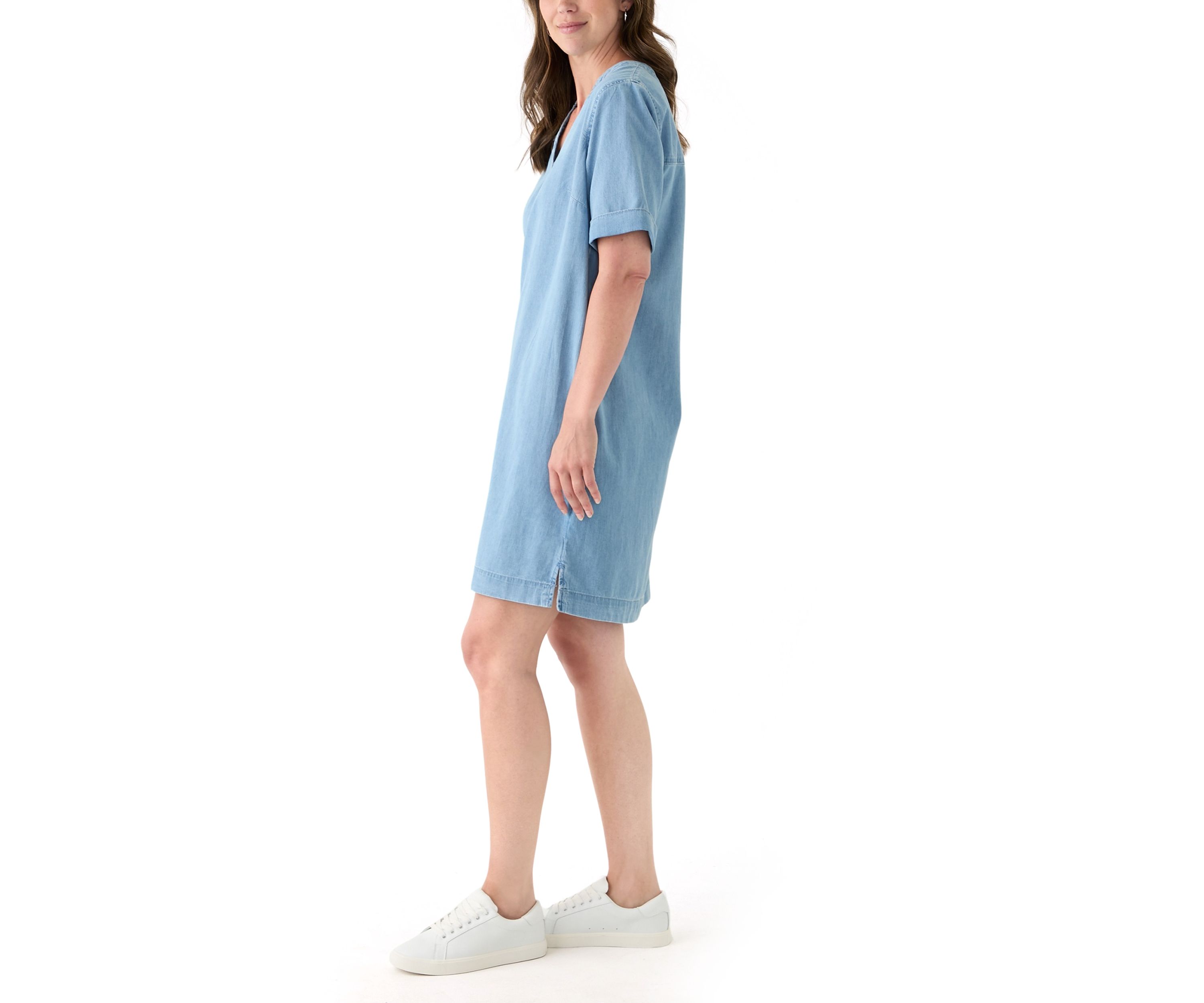 Womens Short Sleeve Mandarin Collar Denim Shift Dress