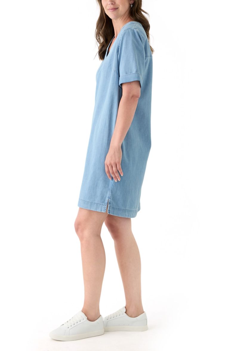 Womens Short Sleeve Mandarin Collar Denim Shift Dress