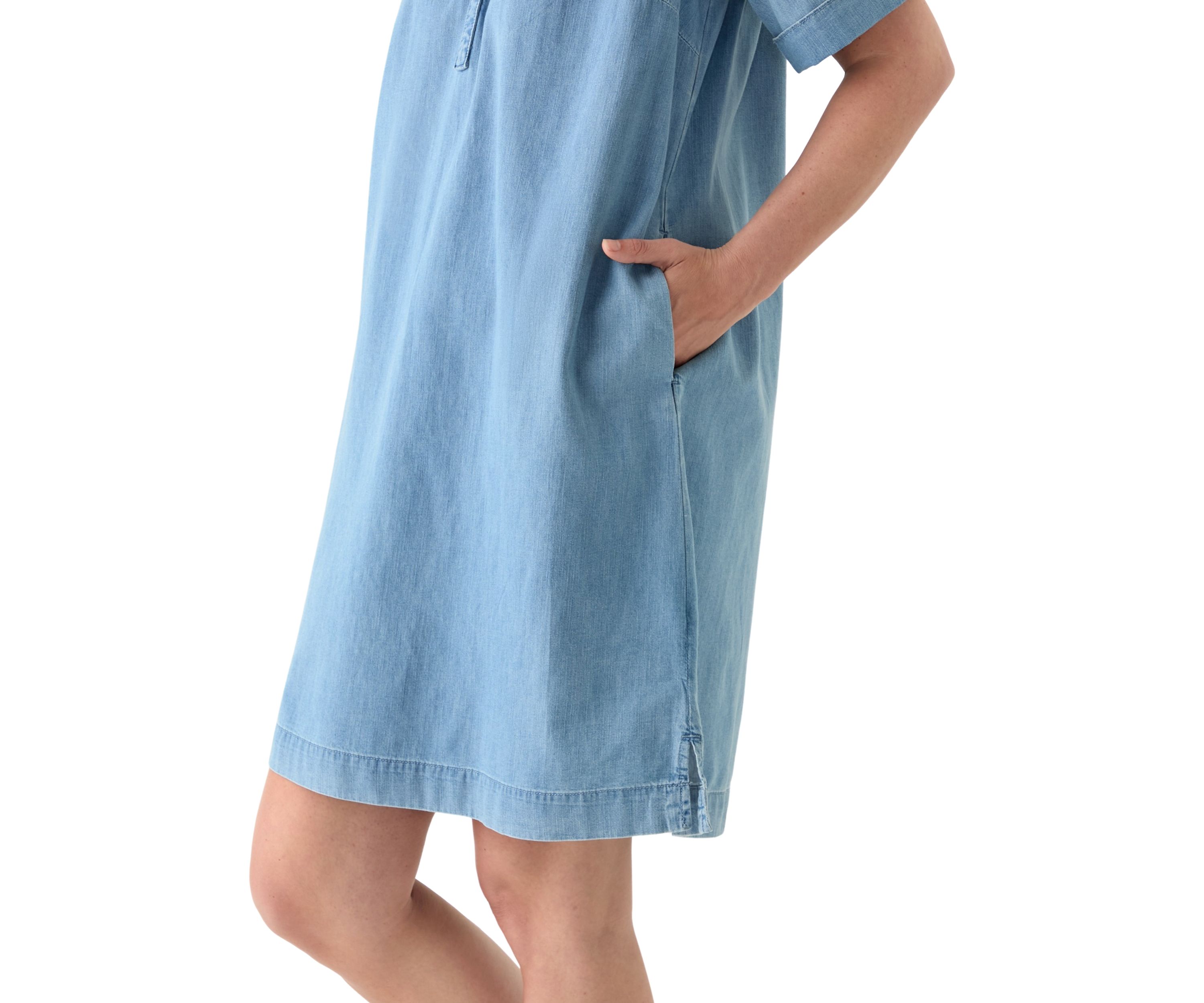 Womens Short Sleeve Mandarin Collar Denim Shift Dress