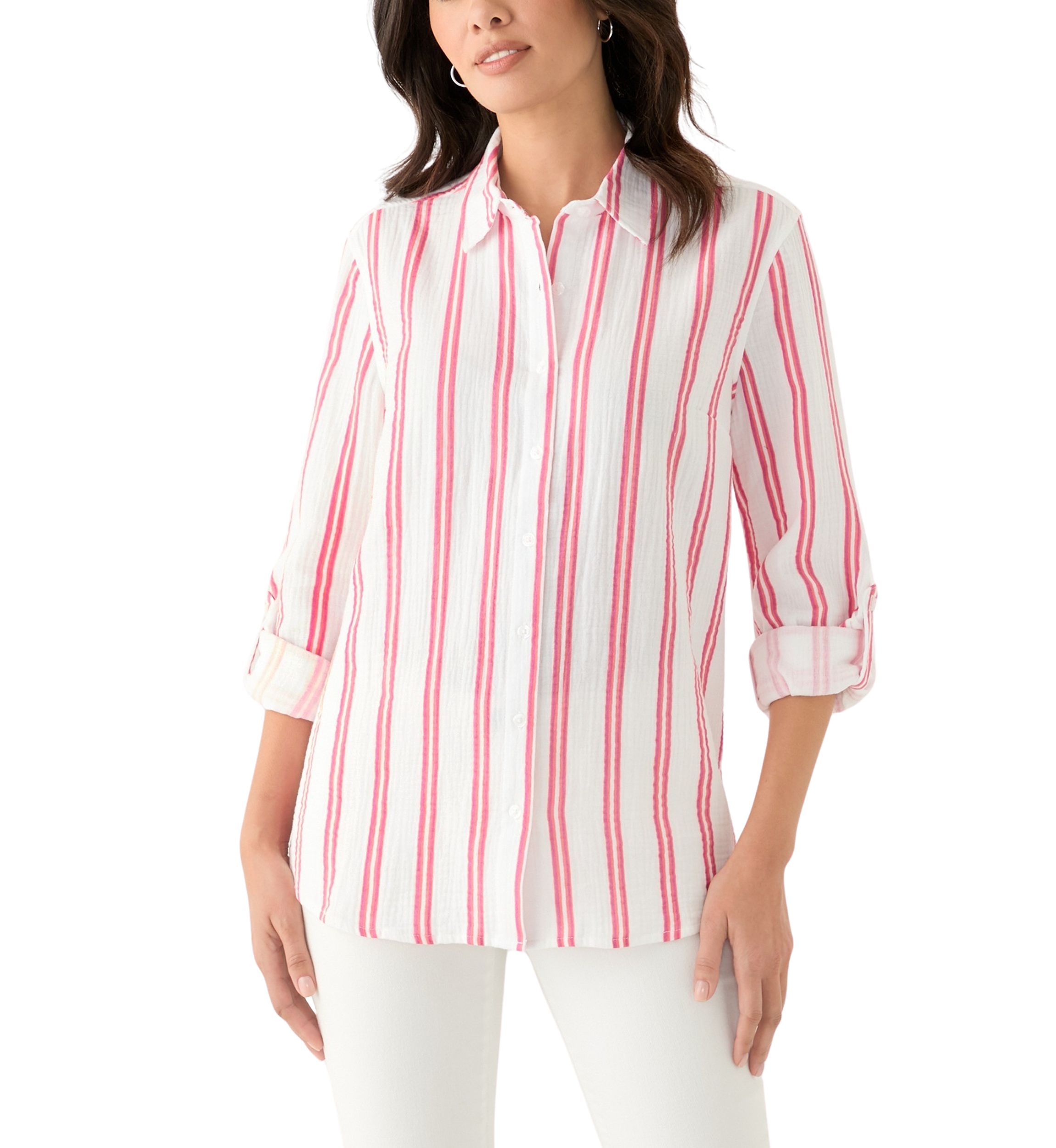 Womens Long Sleeve Gauze Striped Shirt
