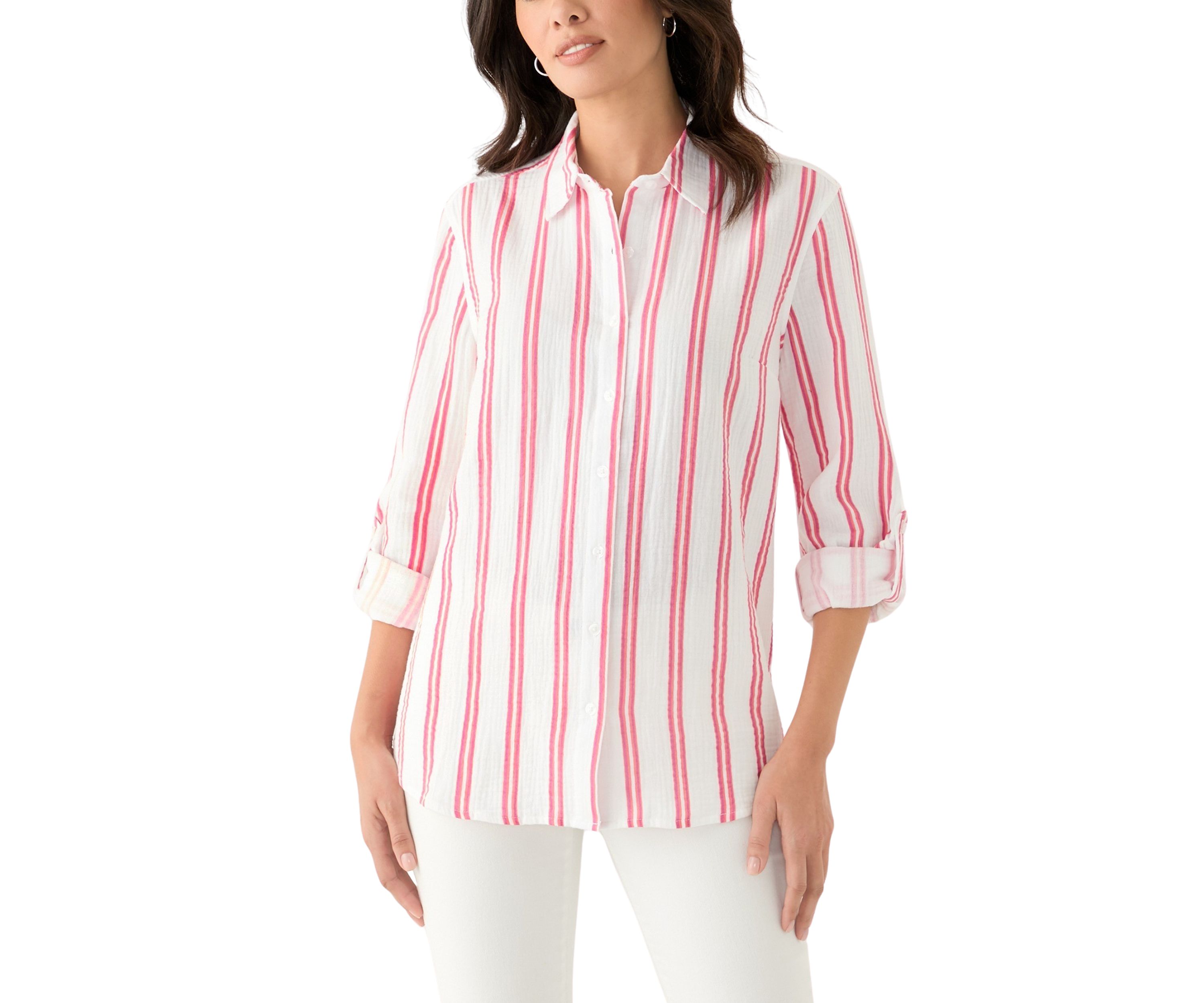 Womens Long Sleeve Gauze Striped Shirt