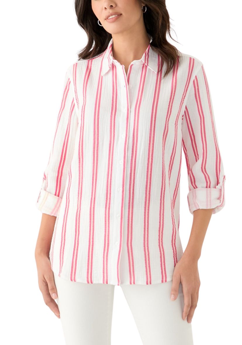 Womens Long Sleeve Gauze Striped Shirt