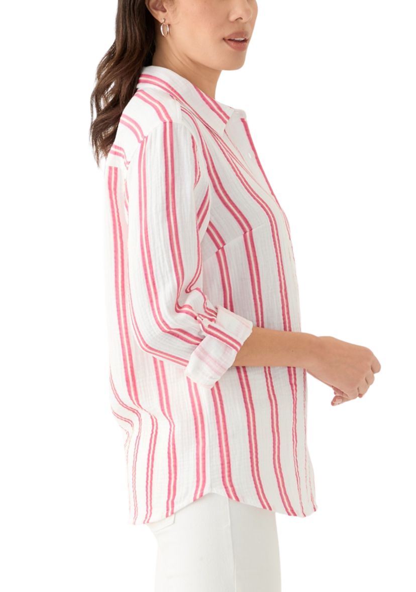 Womens Long Sleeve Gauze Striped Shirt