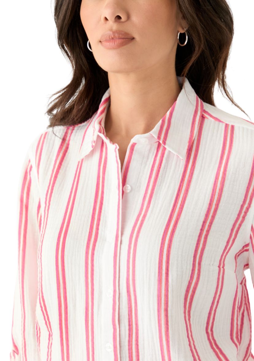 Womens Long Sleeve Gauze Striped Shirt