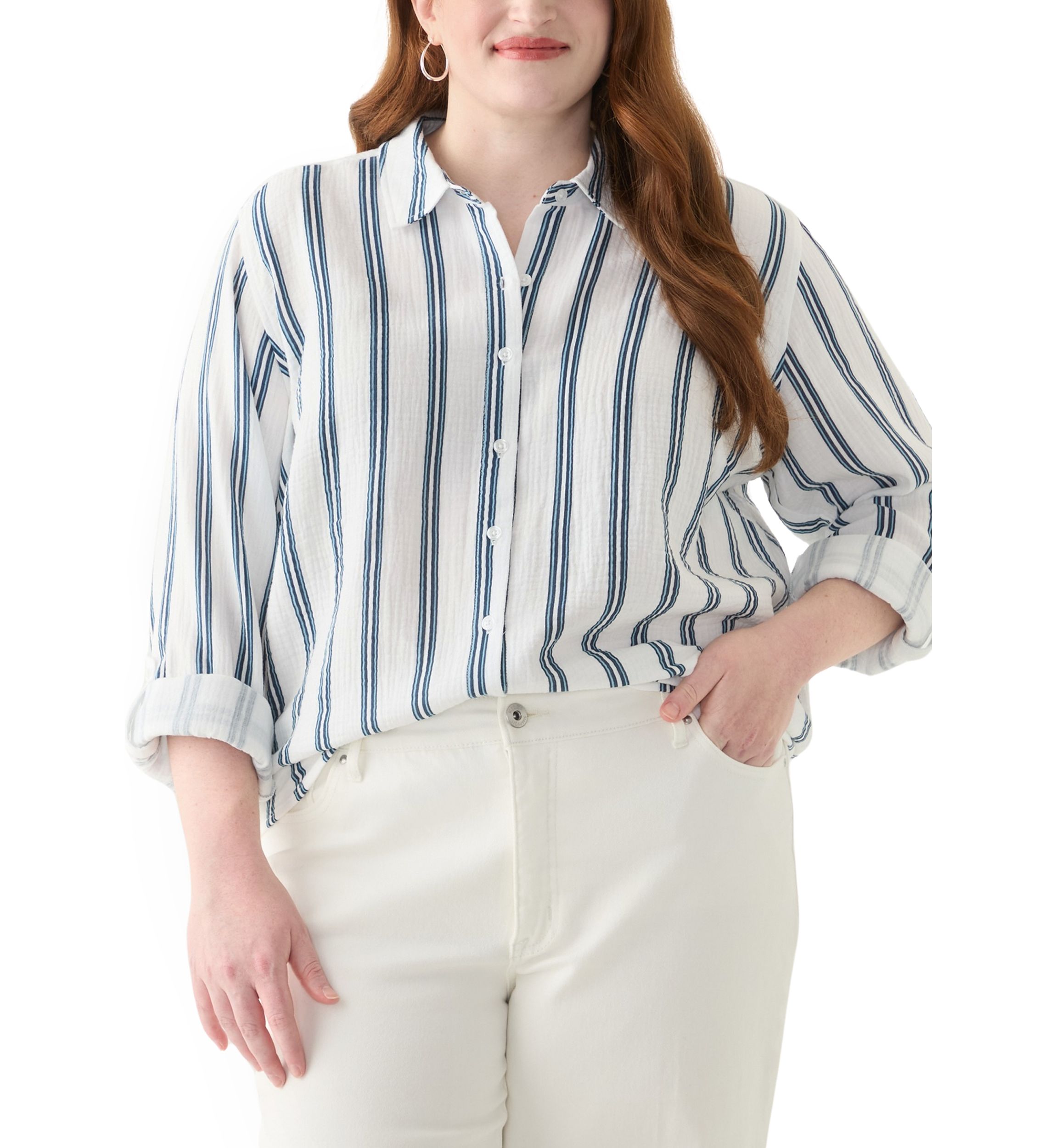 Plus Size Gauze Yarn Dyed Button Down Woven Shirt