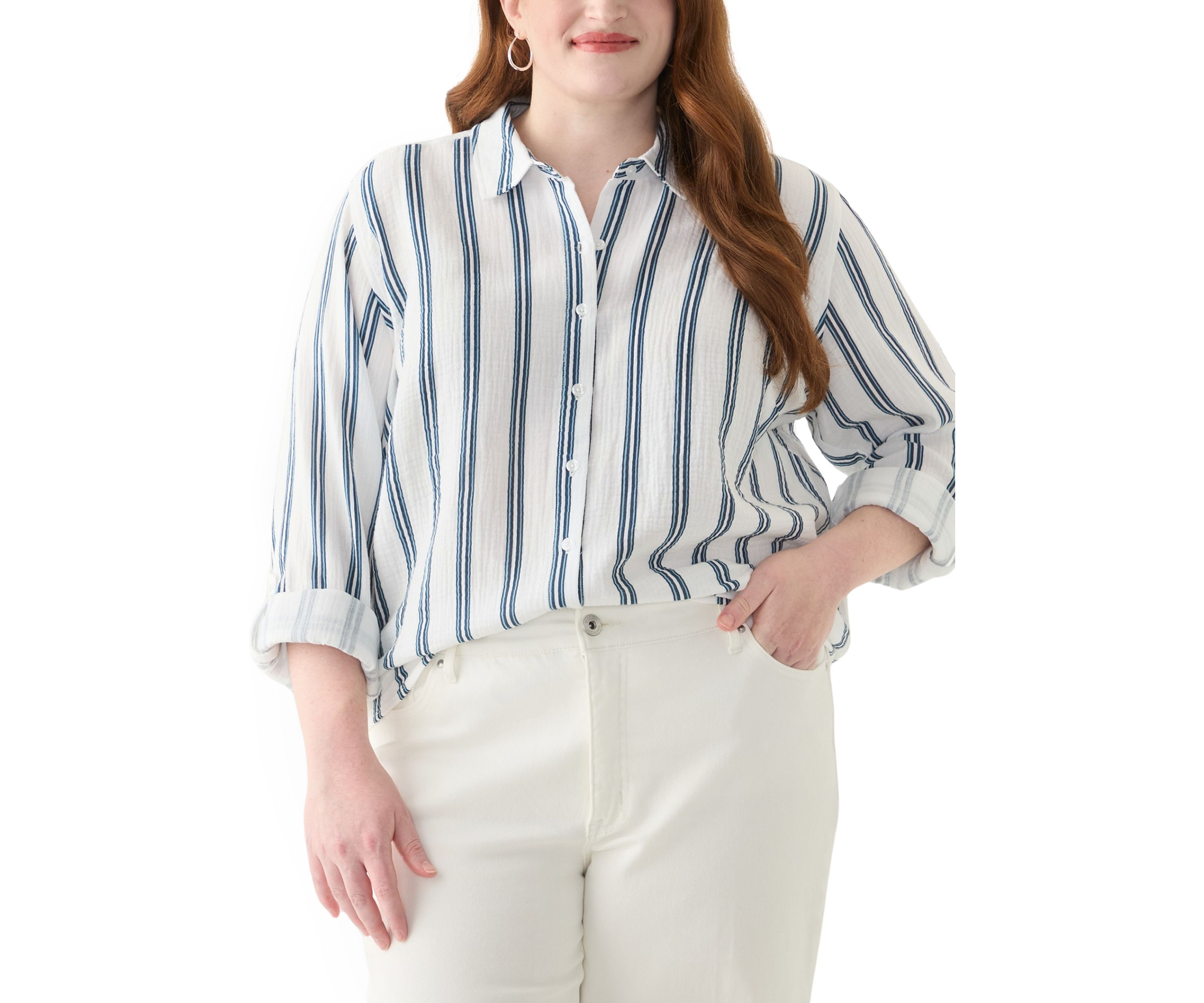 Plus Size Gauze Yarn Dyed Button Down Woven Shirt