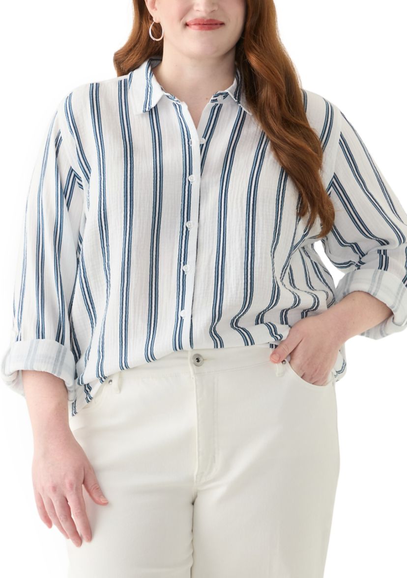 Plus Size Gauze Yarn Dyed Button Down Woven Shirt