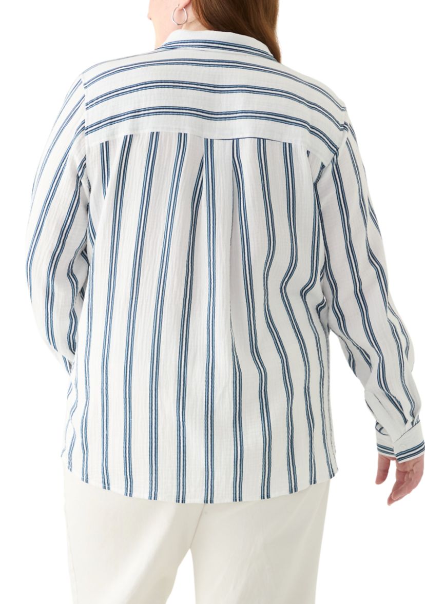 Plus Size Gauze Yarn Dyed Button Down Woven Shirt