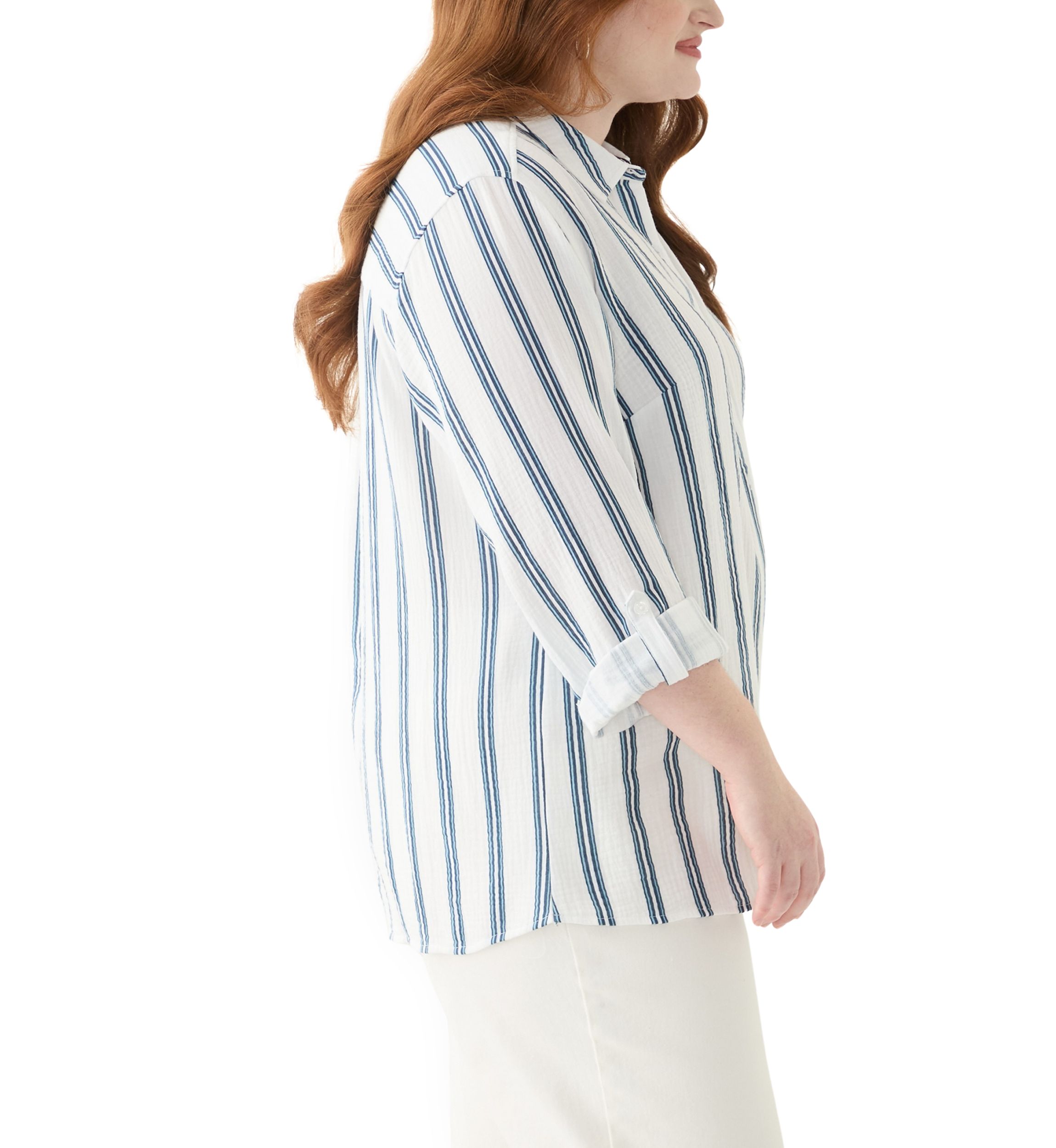 Plus Size Gauze Yarn Dyed Button Down Woven Shirt