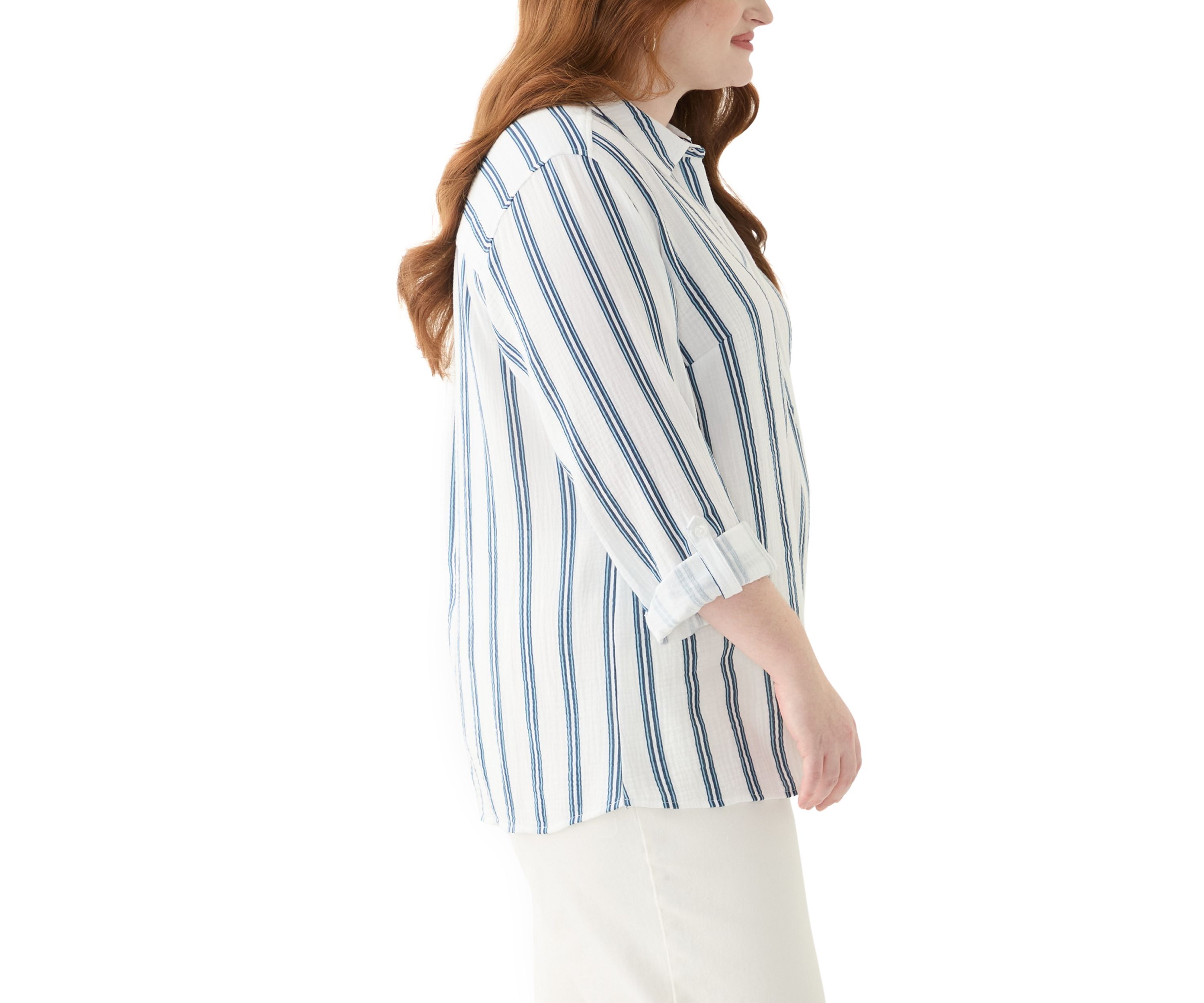 Plus Size Gauze Yarn Dyed Button Down Woven Shirt