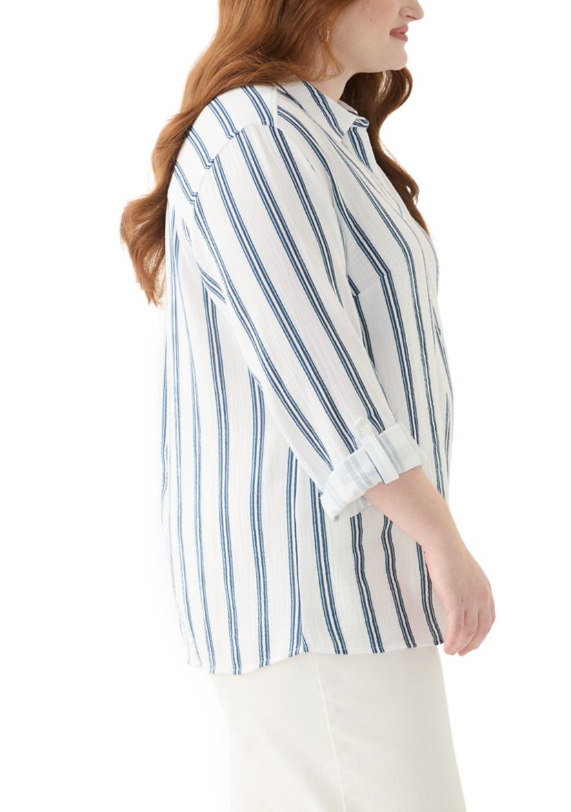 Plus Size Gauze Yarn Dyed Button Down Woven Shirt
