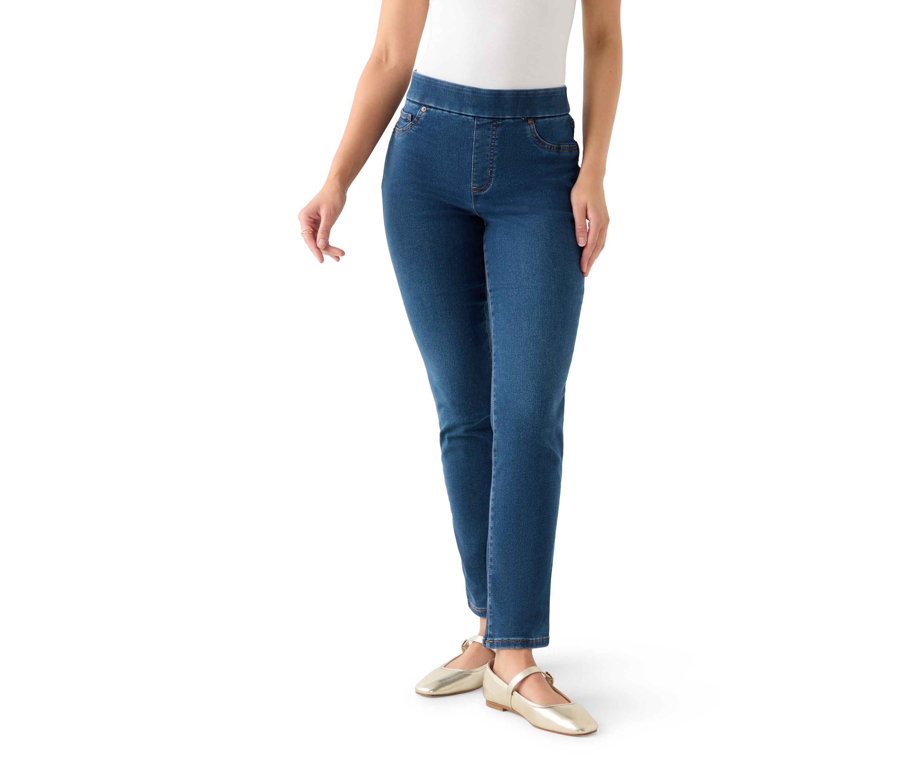Petite Pull On Straight Leg Denim Jeans