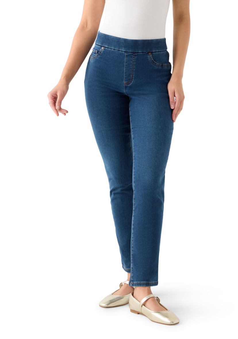 Petite Pull On Straight Leg Denim Jeans
