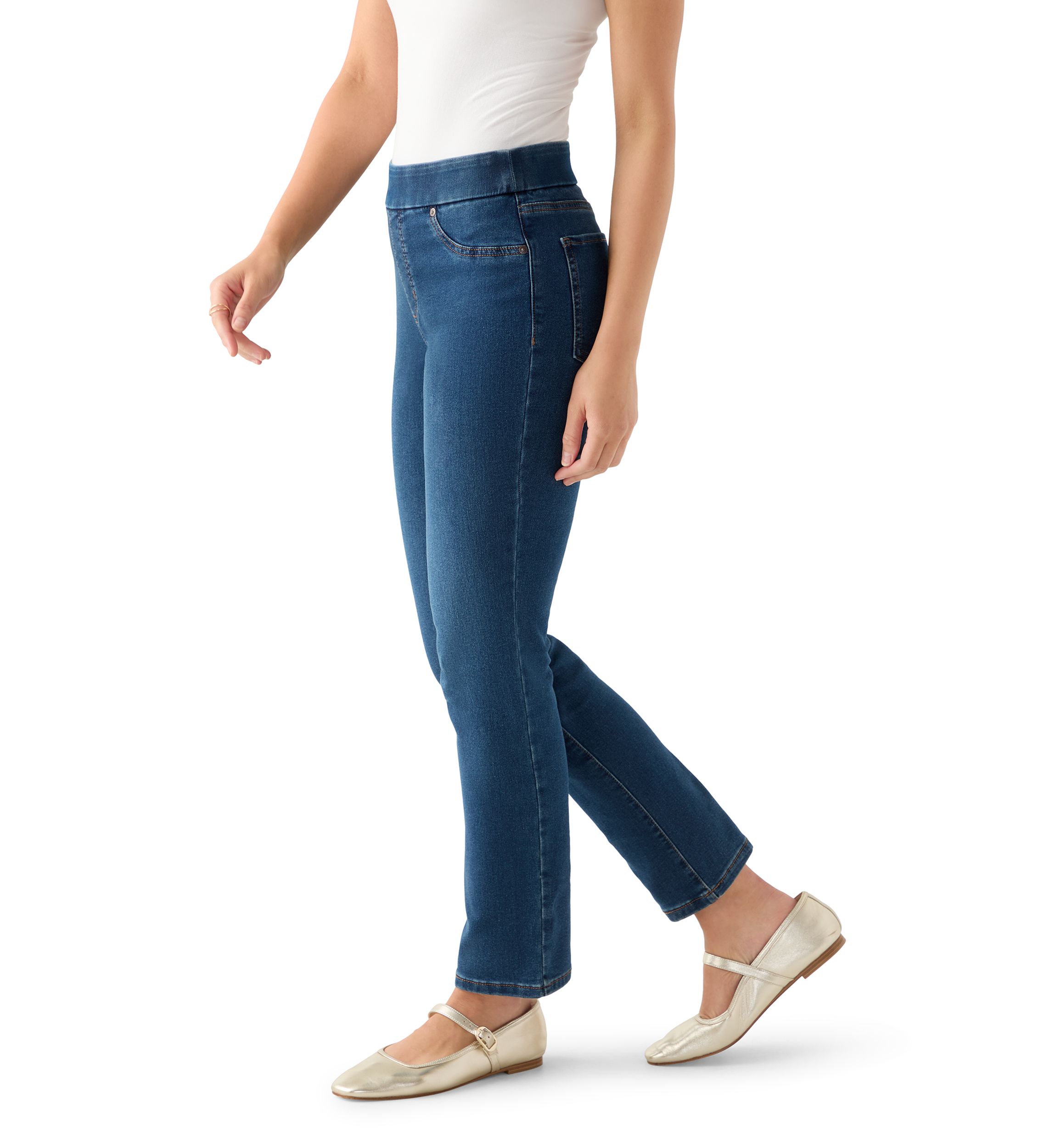 Petite Pull On Straight Leg Denim Jeans